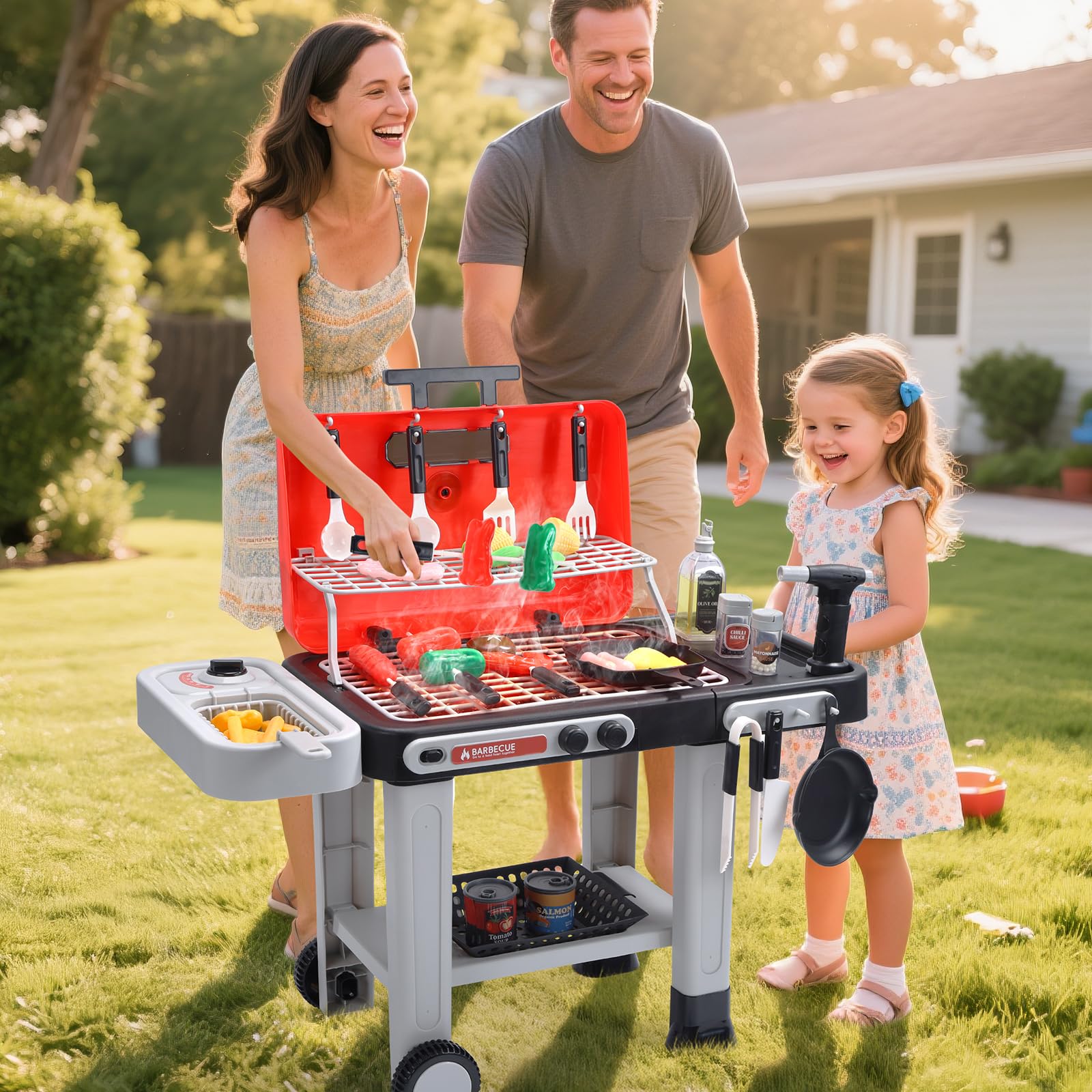CUTE STONE Barbacoa de Juguete para niños con Comida Que Cambia de Color, Sonidos, Luces, Vapor, Juego de Cocina con Parrilla y sartén, Barbacoa de 2 Niveles con Ruedas – Regalo Ideal
