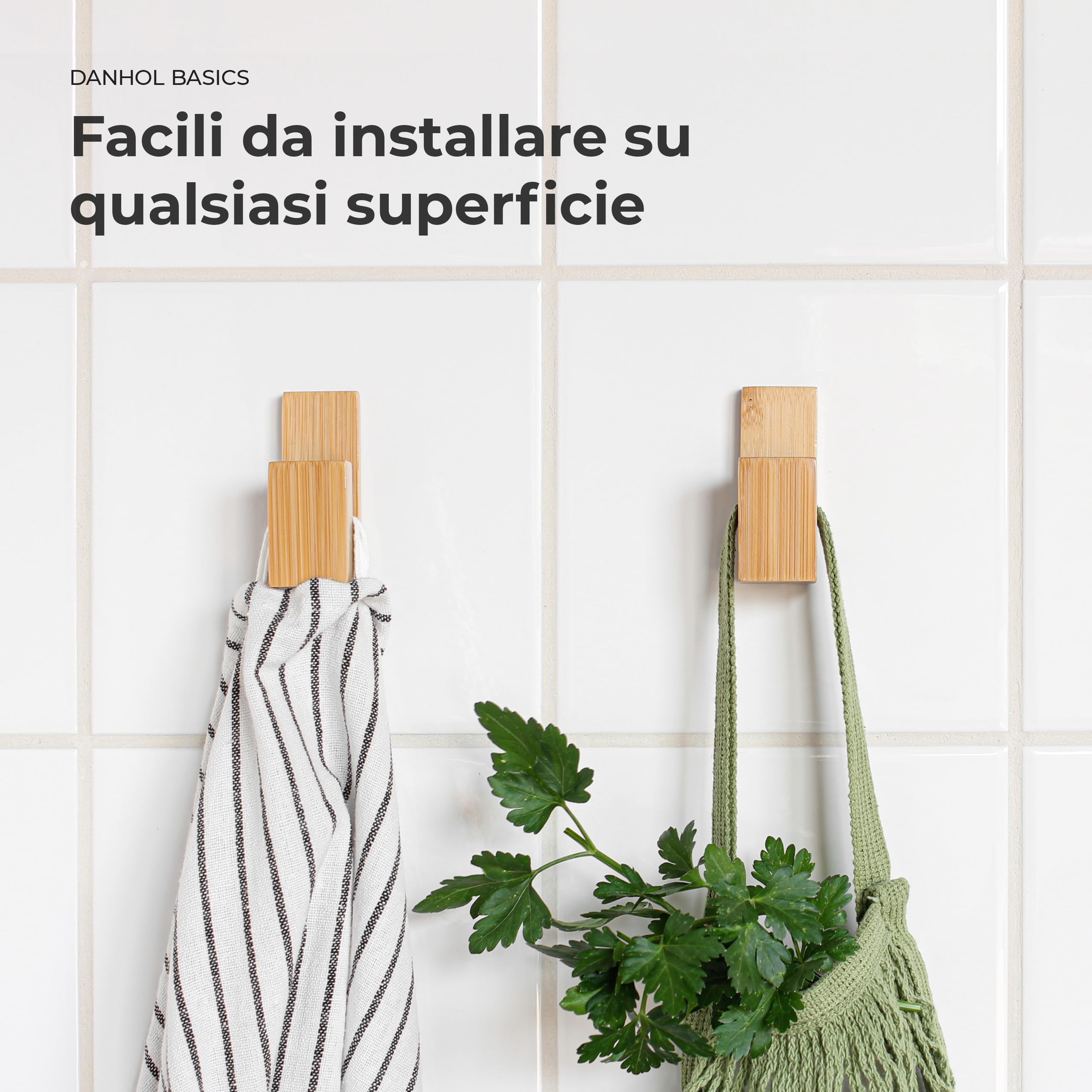 Set 4 Ganci Appendiabiti Adesivi - Appendini e Portaasciugamano da Bagno - Accessori Senza Forare - Appendi Accappatoio - Ganci di Bambù