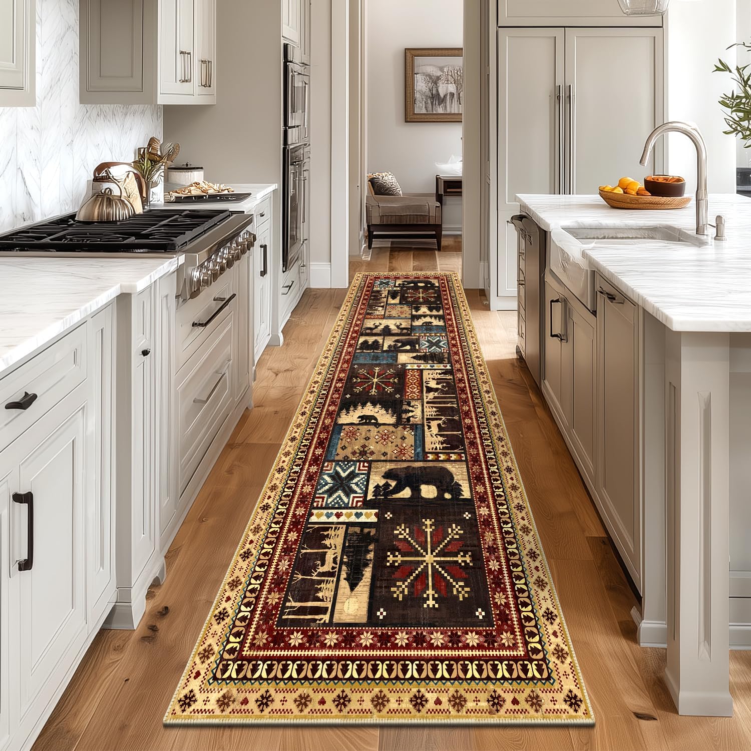 LOKHOM Bear Runner Rug, 3x10 Non-Slip Cabin Washable Hallway Runner Rug with Rubber Backing, Low Pile Soft Rustic Western Buffalo Kitchen Rug for Laundry Bedroom Entryway Nursery Decor