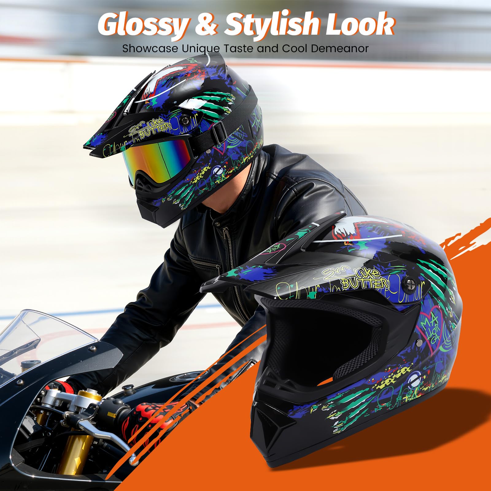 Set casco da motocross con occhiali e guanti | Casco da moto per circonferenza della testa 55-56 cm, colorato, grafica fuoristrada, guscio in ABS, occhiali protettivi a
