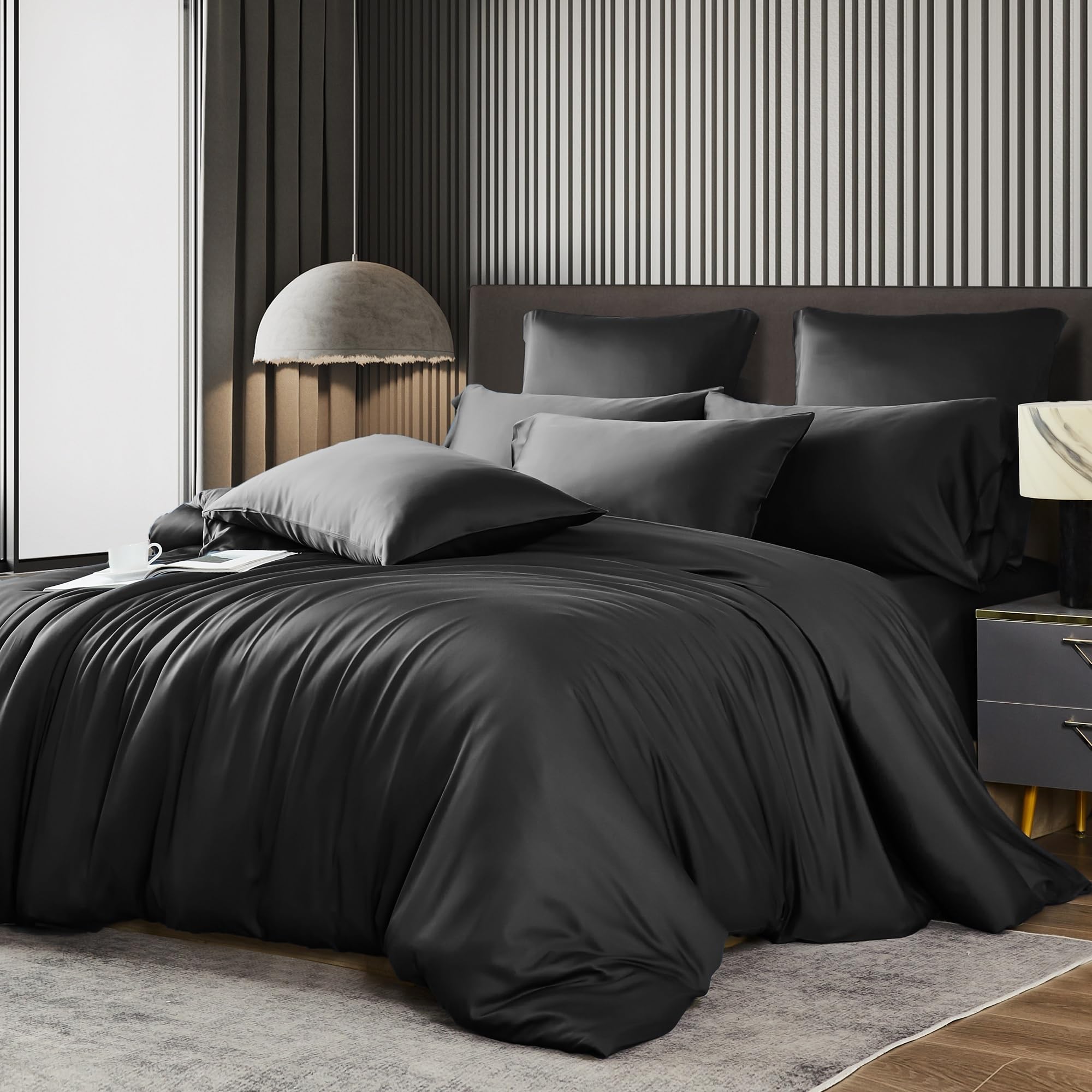 Luowei Sommer Bambus Bettwäsche 155x220 cm 3 Teiliges Schwarz Kühlend Atmungsaktiv Bettbezüge Set aus 100% Bambus Lyocell Oeko-TEX Weich Bettwäsche mit Reißverschluss und 2 Kissenbezüge 80x80 cm