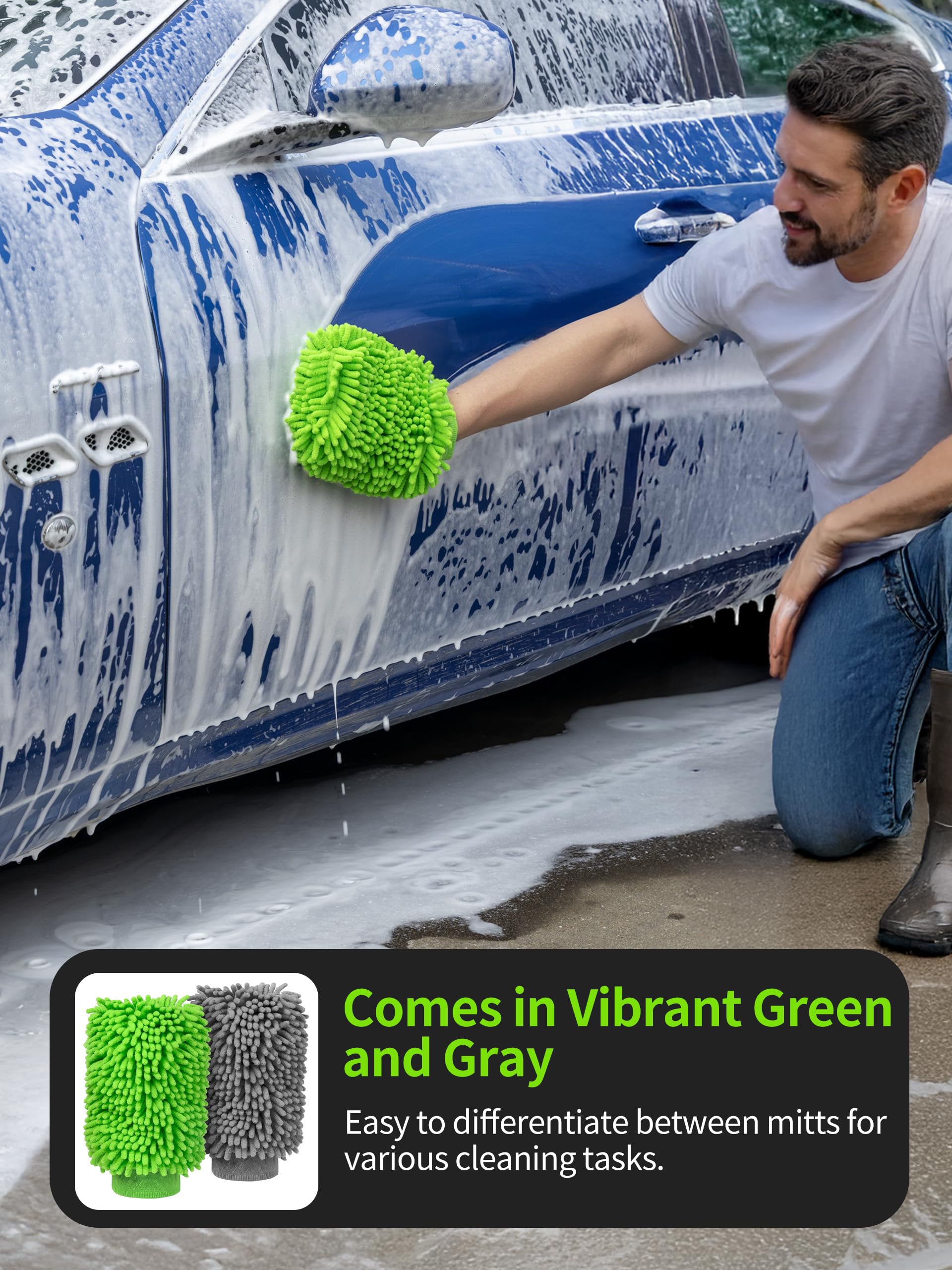 MR.SIGA Microfibre Car Wash Mitt, Super Absorbent & Scratch-Free Wash Mitt for Car Washing, Streak-Free Noodle Glove for Lifting Dirt, Pack of 2, Green & Grey — view 6