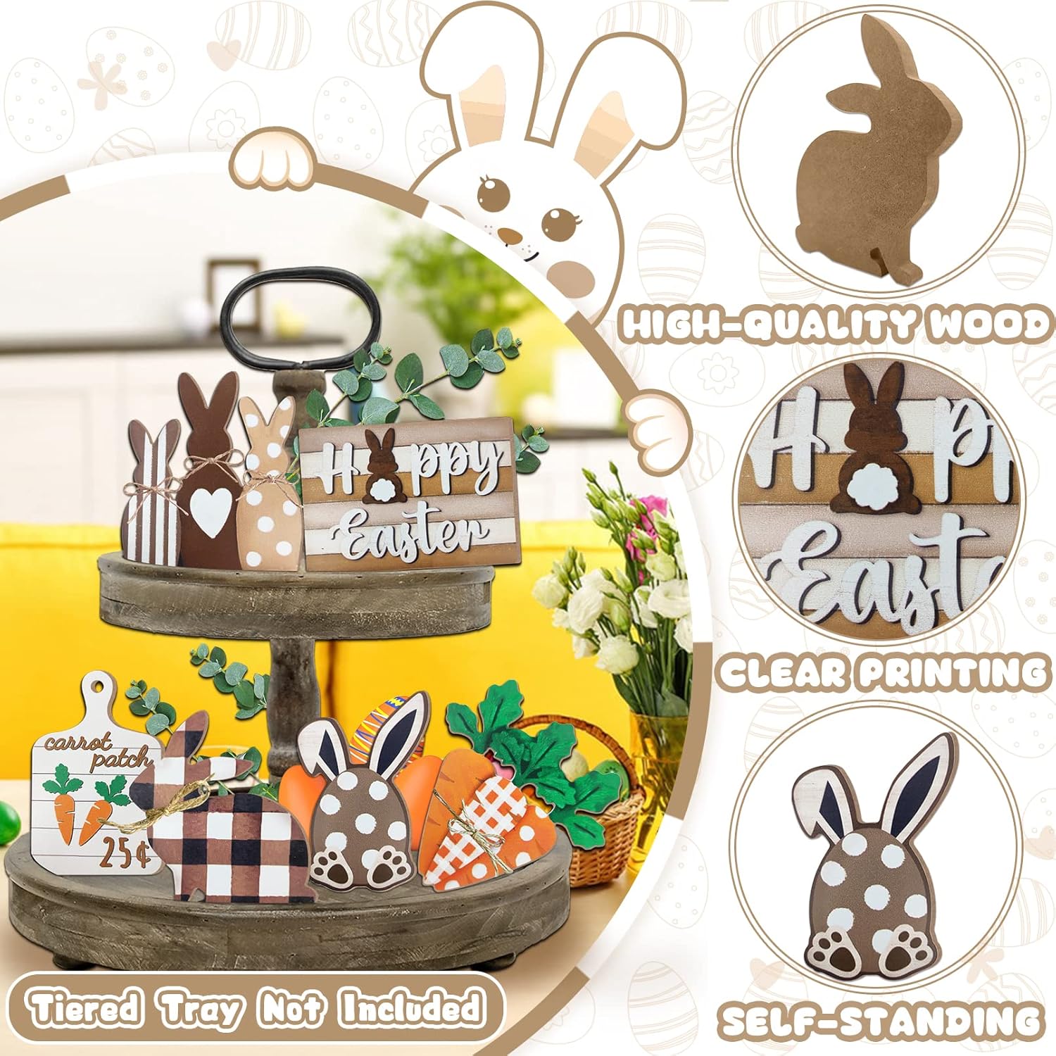 Easter Bunny Tiered Tray Decor, Farmhouse Tiered Tray Decorations, Happy Easter Bunny Carrots Buffalo Plaid Wooden Signs, Spring Rustic Rabbit Decor for Home Table Mantel Church Party - Image 4