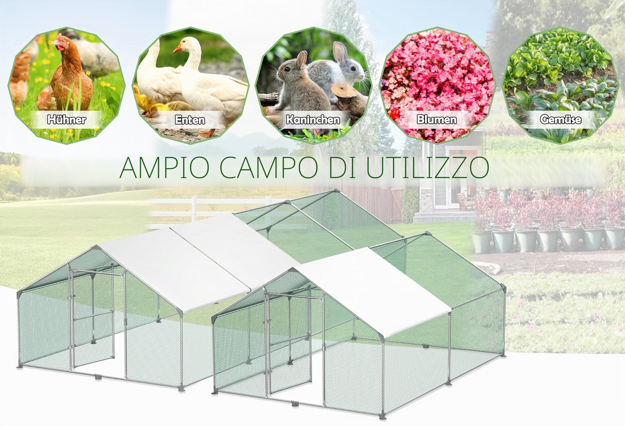 Froadp Pollaio Voliera All'aperto Grande Recinto per Polli Ruspanti con Copertura di Protezione Solare in PE Gabbia Recinto per Polli Recinto per Esterni con Struttura in Acciaio Zincato (3x2x2m)
