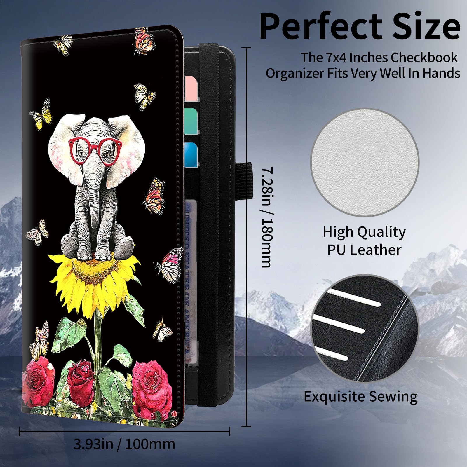 KUJKBFWJ Checkbook Wallet & Holder | Leather Cover for Duplicate/Side-Tear Checks | Slim Check Book Wallet Women & Men with Card Slots, Pen Loop | Premium Unisex Organizer, Elephant with Glasses