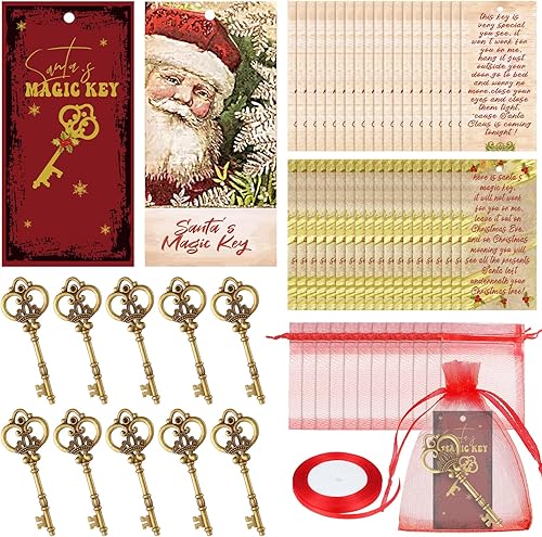 Misdary Juego de 91 llaves de Papá Noel de Navidad sin chimenea, 30 piezas de adornos de metal vintage para llaves de Papá Noel, 30 tarjetas de Papá