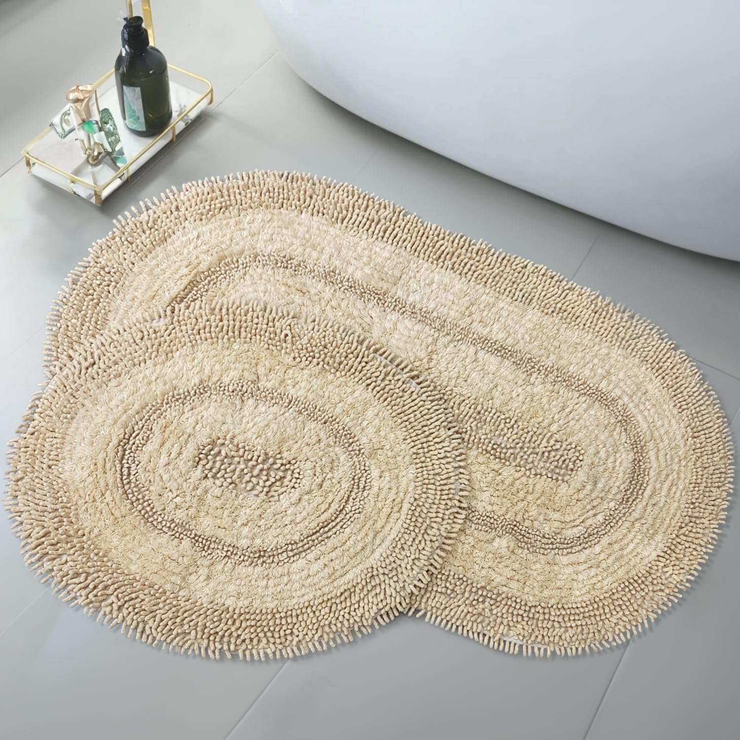 Oval Baumwoll-Badematte Set 2er Beige (60x100 cm + 50x60 cm)| Badezimmerteppich, Badteppich | Weiche Bad- und Duschvorleger | Für Bad, Dusche und Toilette, Maschinenwaschbar Badvorleger IMacoroni