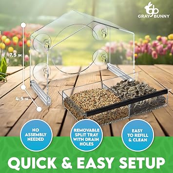 Window Bird Feeder with Strong Suction Cups (Clear) Bird Feeders for Outdoors with Drain Holes, Removable Tray and Large Seed Capacity