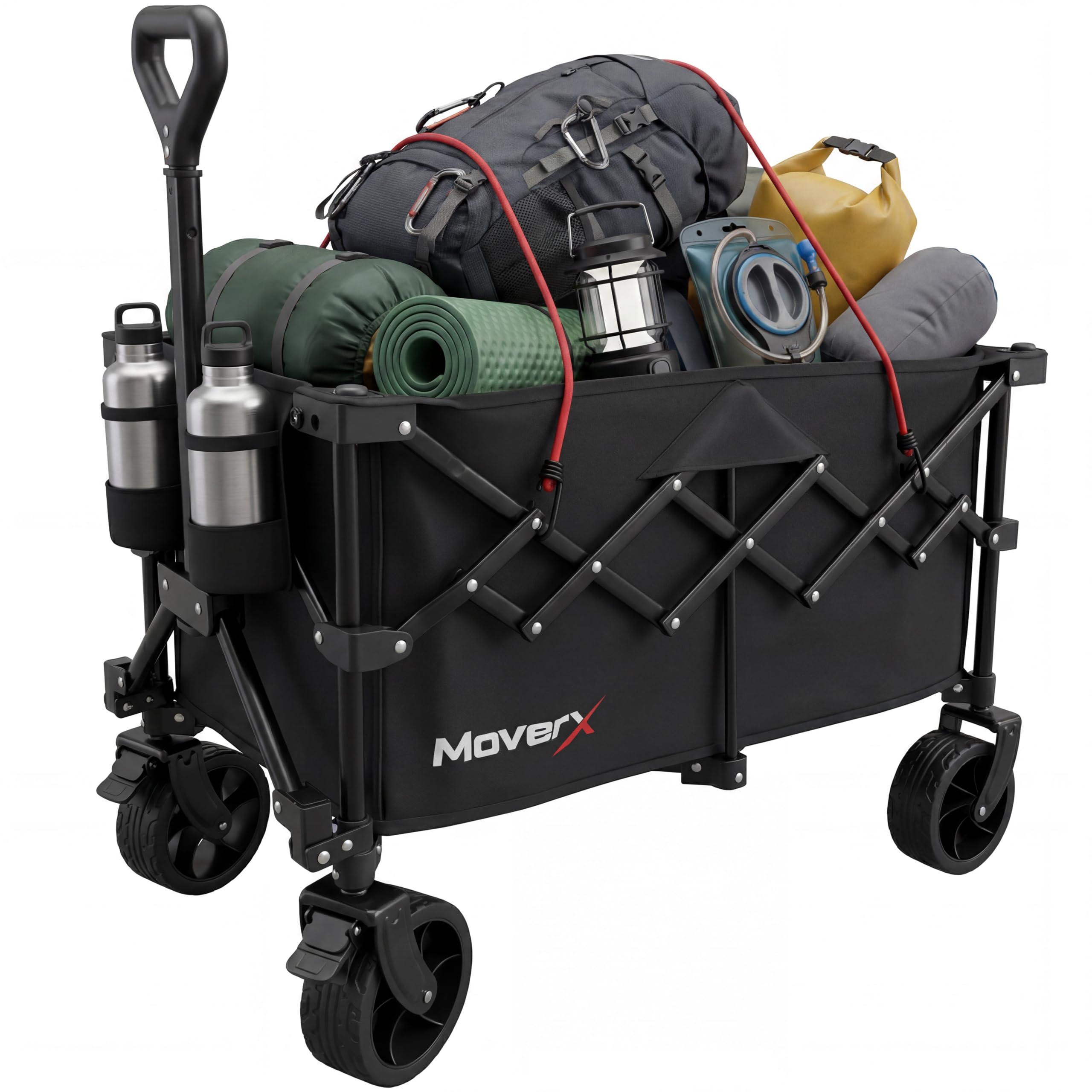 MoverX 120L Festival Trolley on Wheels, Folding Wagon, Portable Camping Cart, Collapsible Foldable Trolly for Beach Outdoor Garden Picnic Shopping Fishing, Wide Wheels, Adjustable Handle, Black