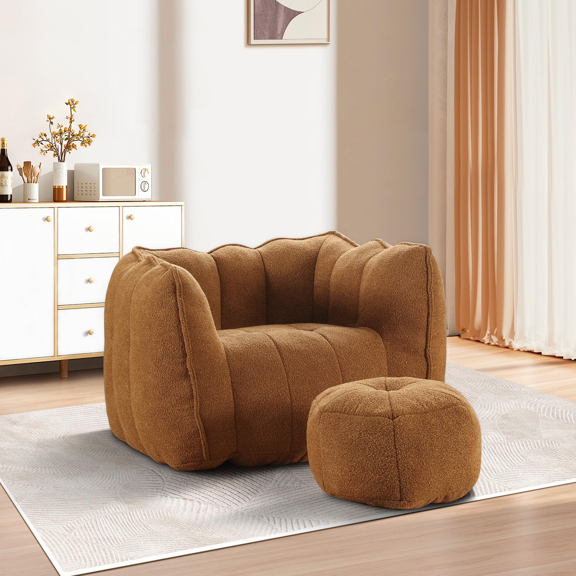 HUMEHA Bean Bag Chair with Ottoman, Chenille Upholstered Giant Bean Bag Chair with Filler, Floor Bean Bag Chair for Adults, Modern Lazy Sofa Chair with Armrests for Living Room Bedroom, Khaki