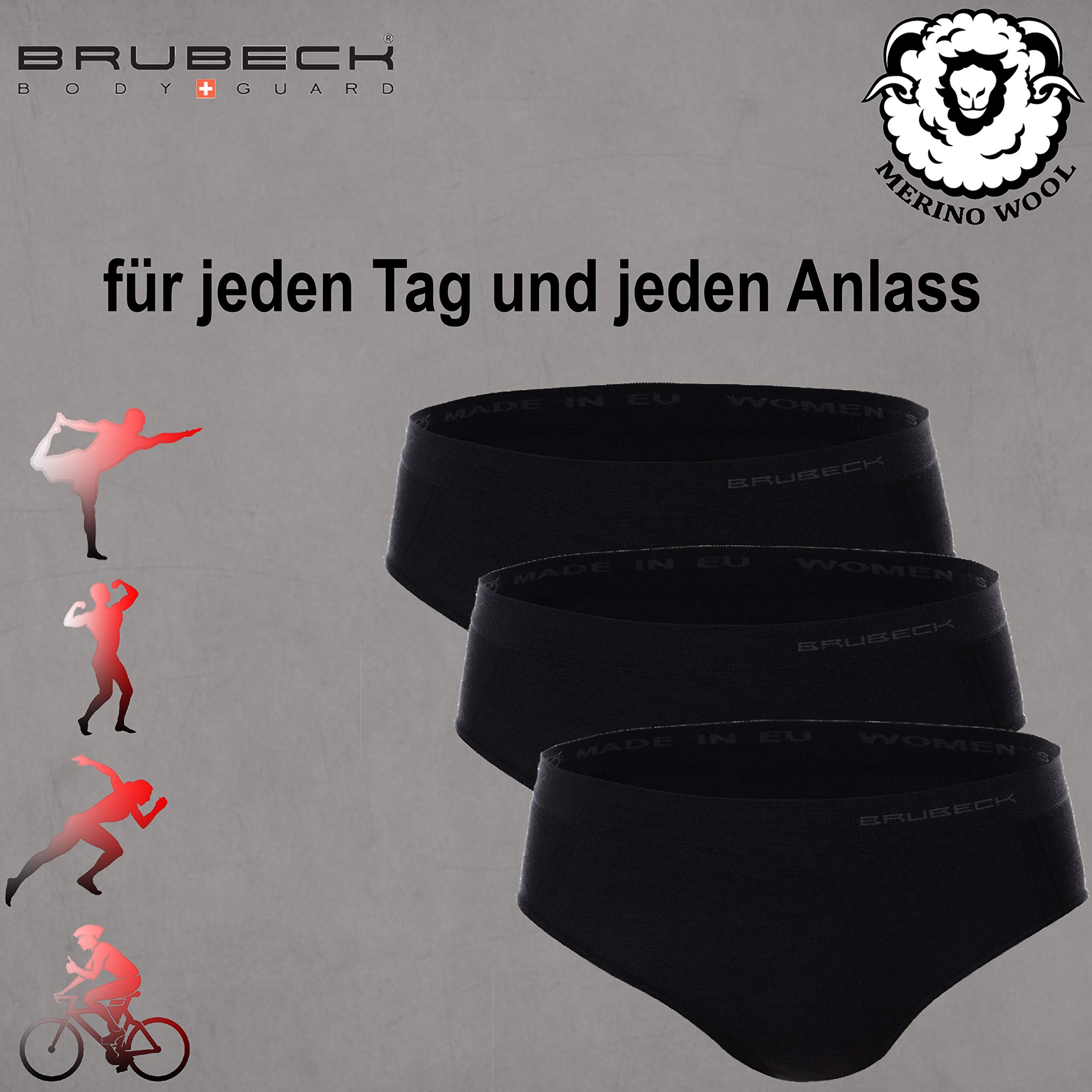 BRUBECK 3er Pack Damen Classic | Atmungsaktiv | Sport | Funktionsunterwäsche | Unterhose | Schlüpfer | Slip | 39% Merino-Wolle | HI10080