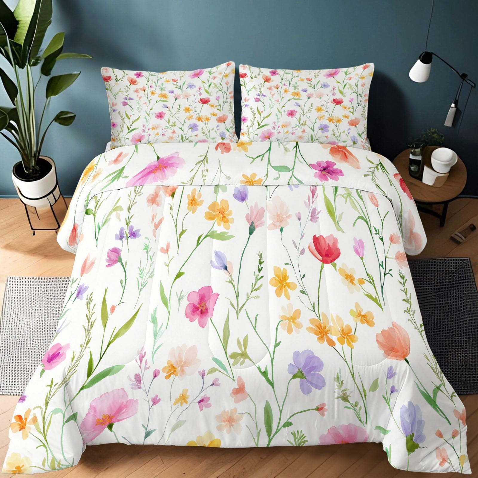 Couette Enfant 140x200 cm avec 2 taies d'oreiller, édredon réversible 4 saisons blanc imprimé