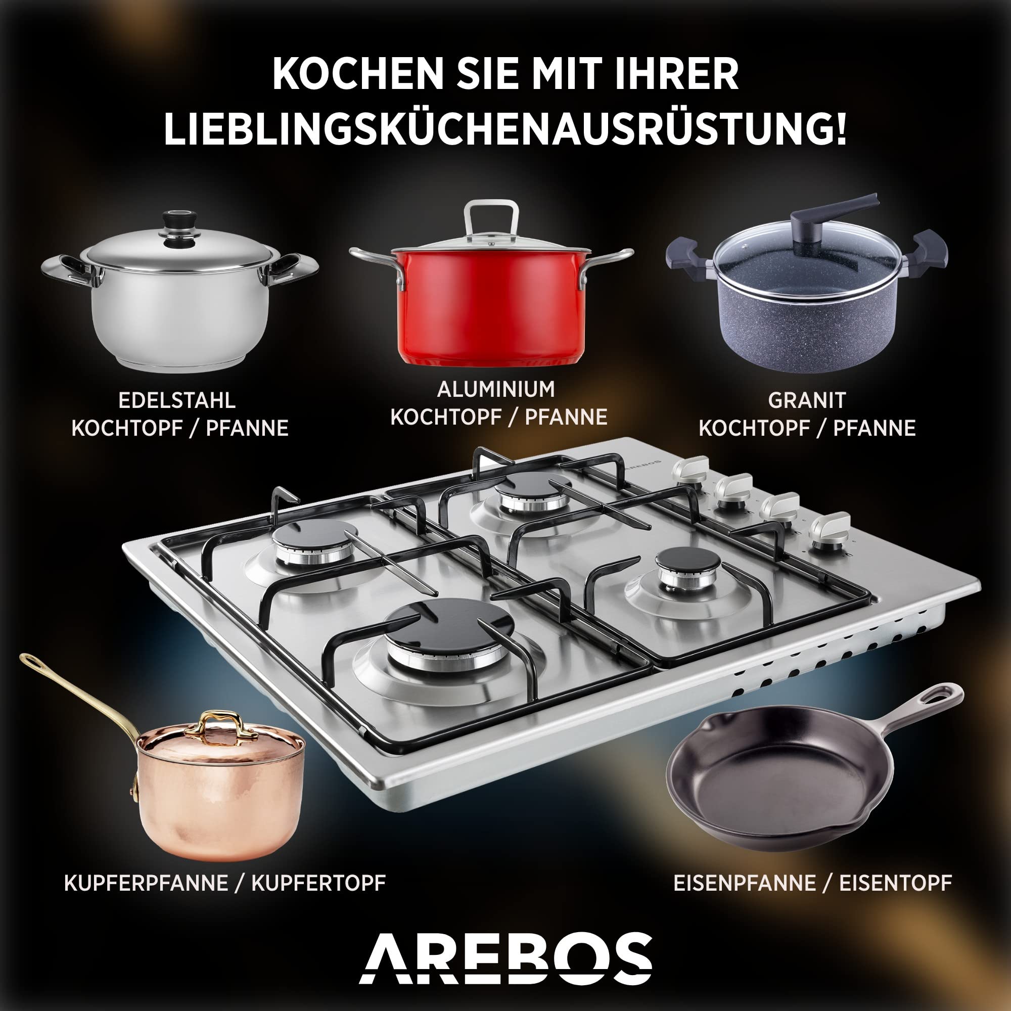 Arebos Gaskochfeld 4 Flammig | 58 cm Edelstahl Gasherd mit automatischem Flammenschutz | Erd- oder Propangas | Gaskocher Autark, effizient und energiesparend
