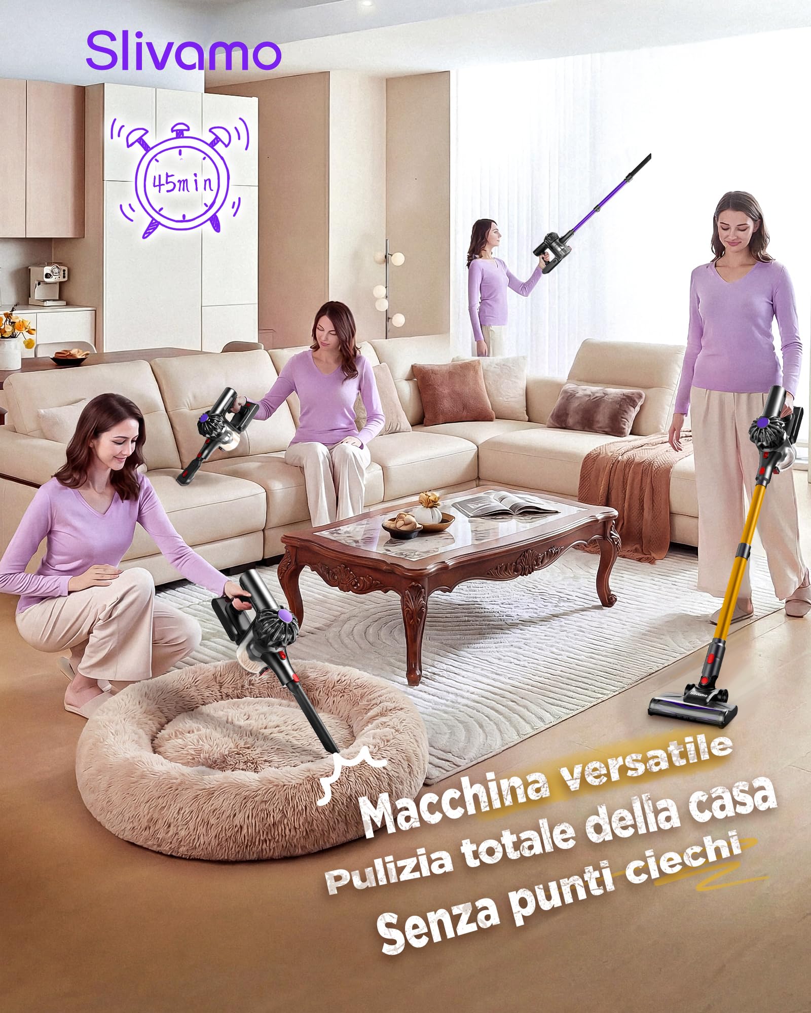 S16 Aspirapolvere Senza Fili, 50kPa/600W/45min, Batteria Rimovibile, Scopa Elettrica Leggero con Luce LED Verde, Autoportante, per Peli Di Animali/Pavimenti Duri, Arancione