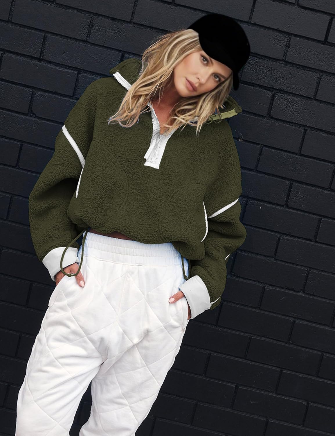 Kumufenc Women's Fleece Sweatshirts Half Zip Pullover Long Sleeve Oversized Workout Crop Tops Hoodie With Pocket