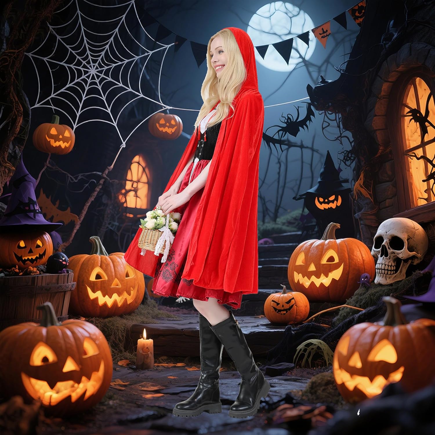Little Red Riding Hood Costume for Women,Adult Halloween Costume Dress, Hooded Red Cloak Fairy Tale Cosplay Outfit