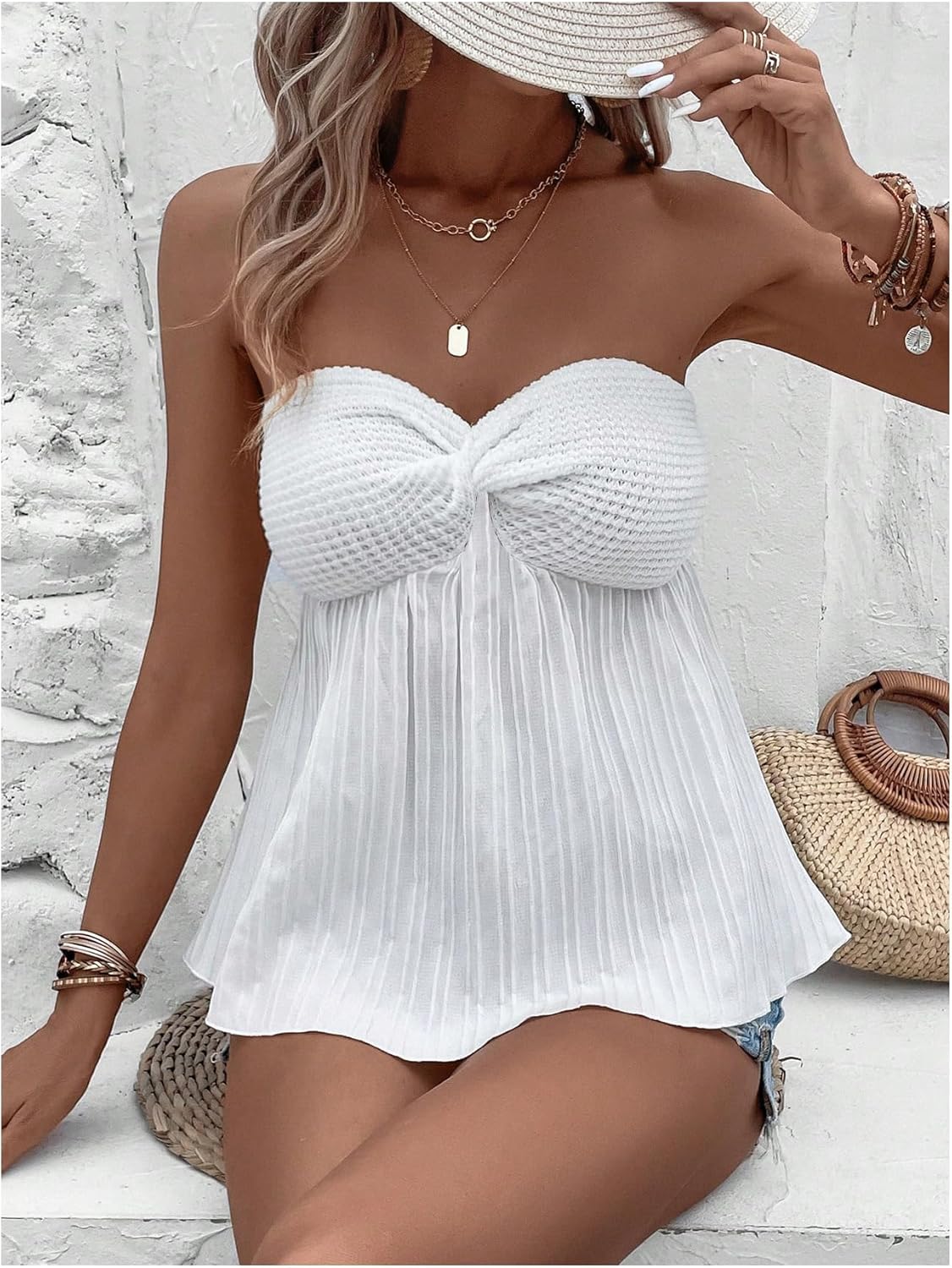 GORGLITTER Women's Bandeau Strapless Top Ruffle Babydoll Flowy Textured Twist Front Peplum Tube Tops - Image 4