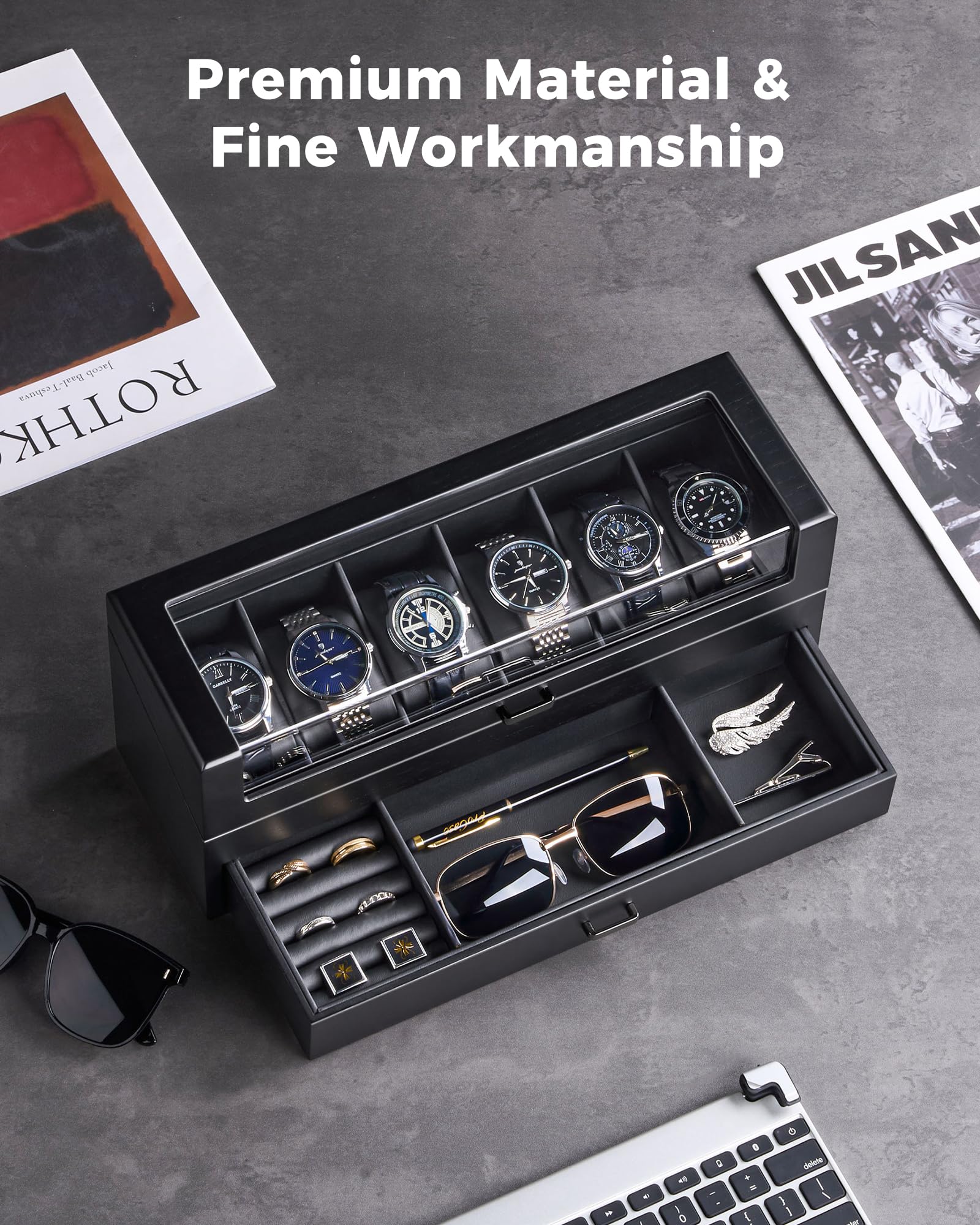 ProCase Scatola Orologi e Gioielli per Uomo in Legno - Vetrina con Cassetto, 6 Slot per Orologi, Anelli e Occhiali, Coperchio in Vetro, Nero