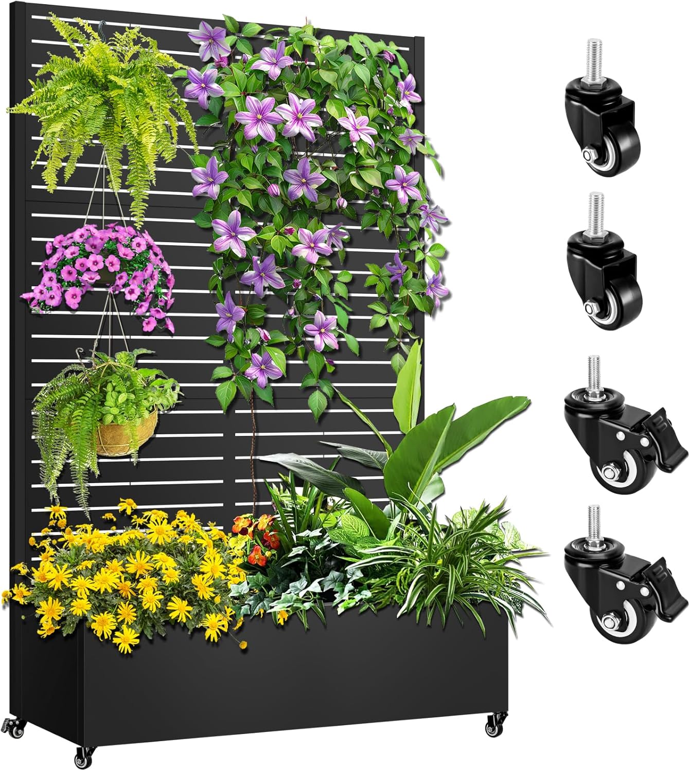 Metal Planter Box with Trellis, 72"x47"x16" Metal Raised Garden Bed with Trellis, Trellis Planter Box with Drainage Holes & Lockable Casters for Climbing Plants, Vegetables, and Vines Black-louver Shaped 72"x47"x16"