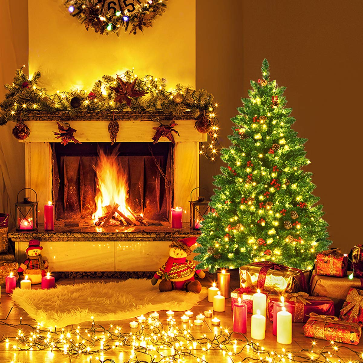 COSTWAY Sapin de Noël Artificiel avec Lumière LED 135 cm, Arbre de Noël avec Pommes de Pin et Baies Rouges, avec 516 Branches, Aiguilles en PVC, avec Support Métallique Robuste, Vert (135CM)