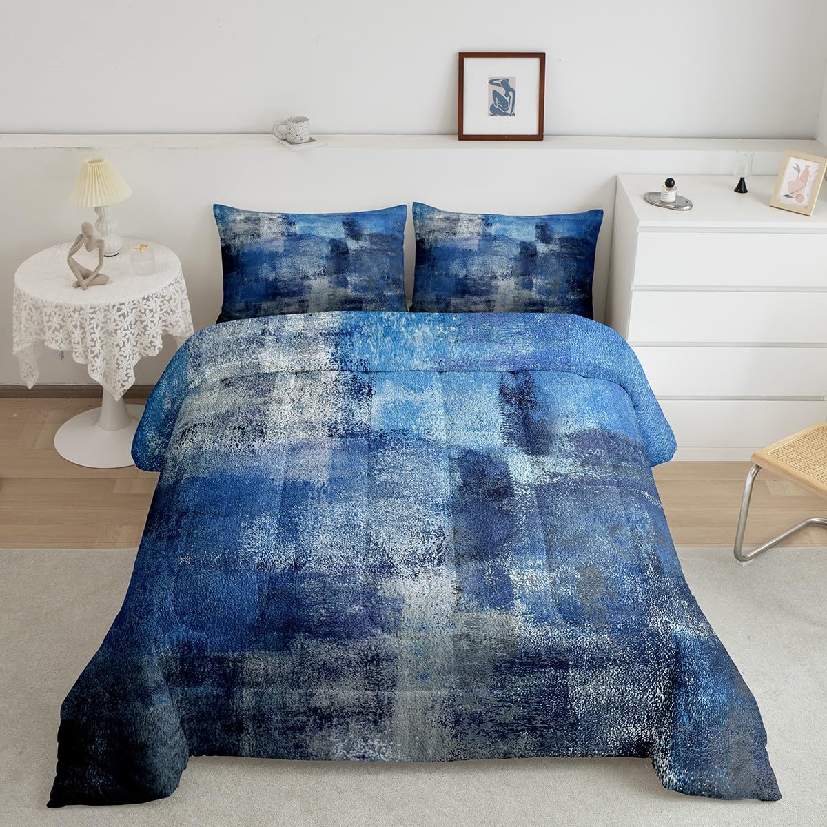 Erosebridal Teal Grey Comforter Set Queen,Grunge Navy Blue Ombre Duvet Insert for Adult,Vintage Watercolor Artwork Bedding Set Bedroom Decor,