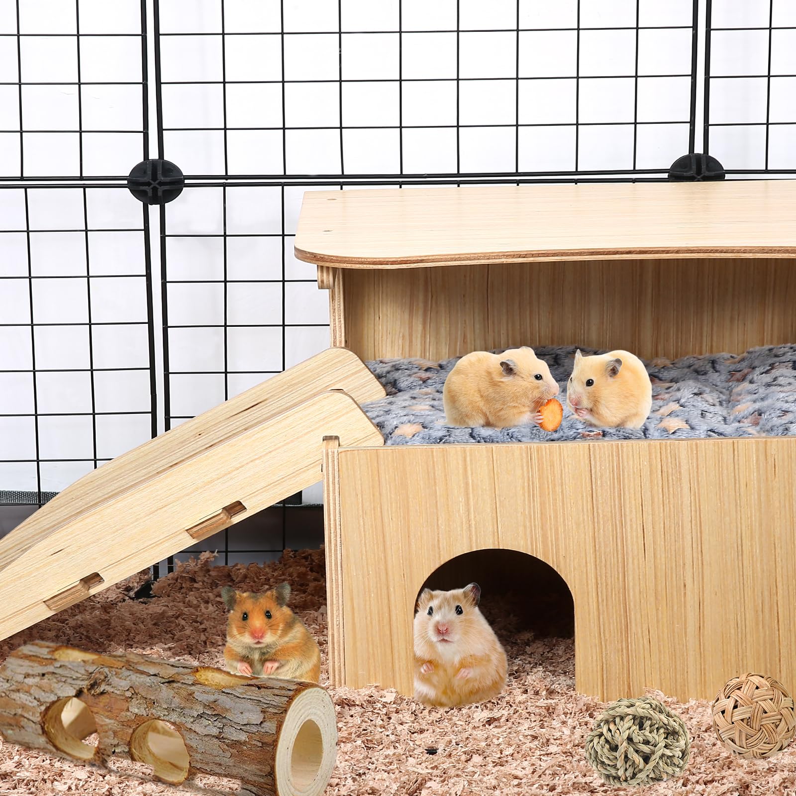 Château de cochon d'Inde, cachette château pour cochon d'Inde, maison en bois pour hamster avec escaliers et tapis, petit lit durable pour cochillons, chinchilla, rat, hamster, lapin