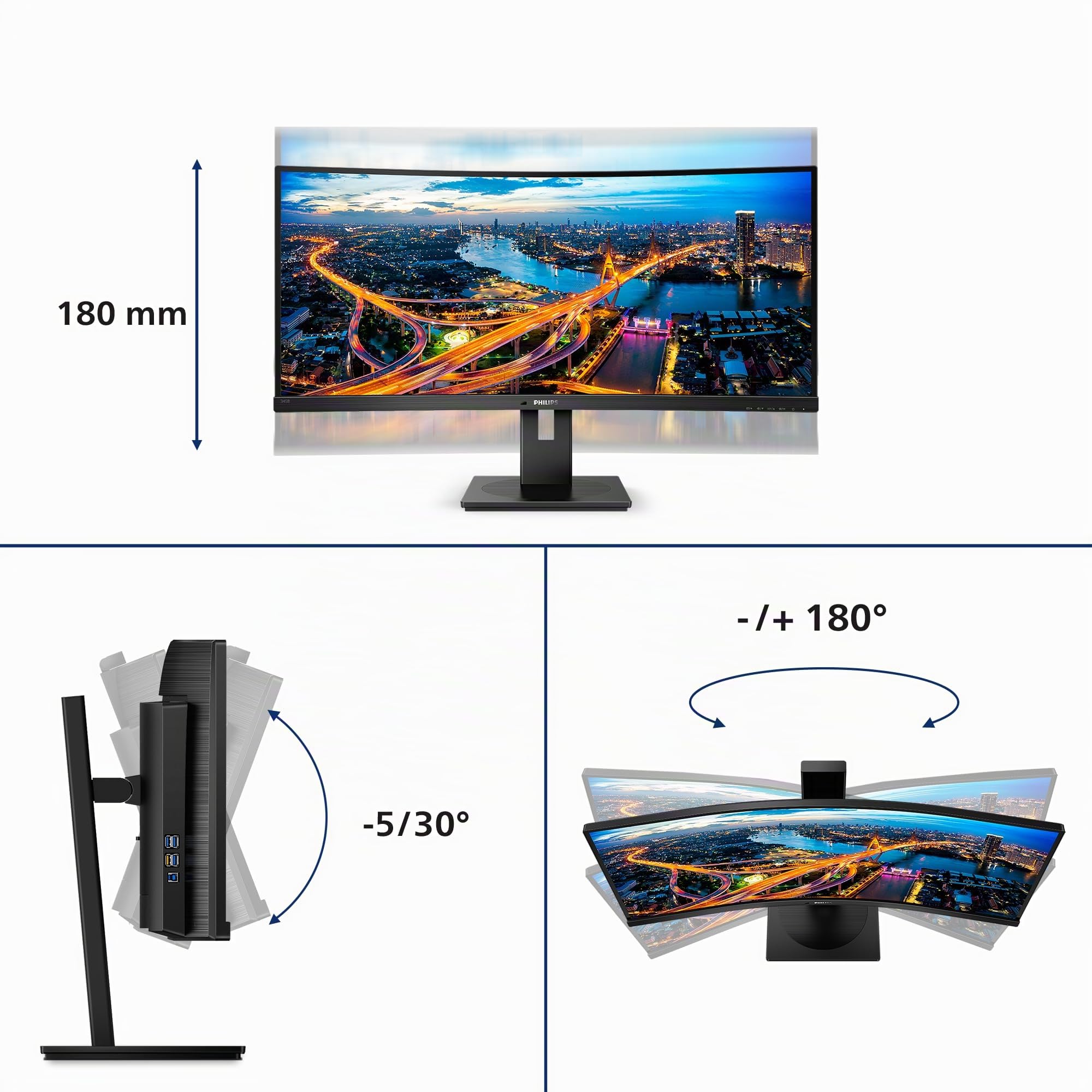Philips 345B1C Gaming Monitor Curvo 34" 21:9, WQHD 3440 x 1440, 100 Hz, Adaptive Sync, Multiview ( PiP, PbP ), Audio Integrato, 2 HDMI, Display Port, Hub USB, Regolabile Ergonomicamente, Vesa