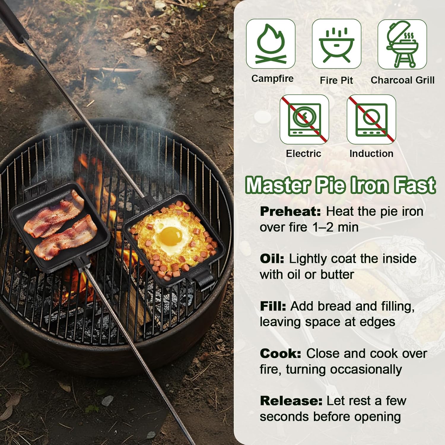 AILITOR Mountain Pie Maker Cast Iron Set of 2 - Pie Irons for Camping with Storage Bag, Campfire Sandwich Maker Cast Iron
