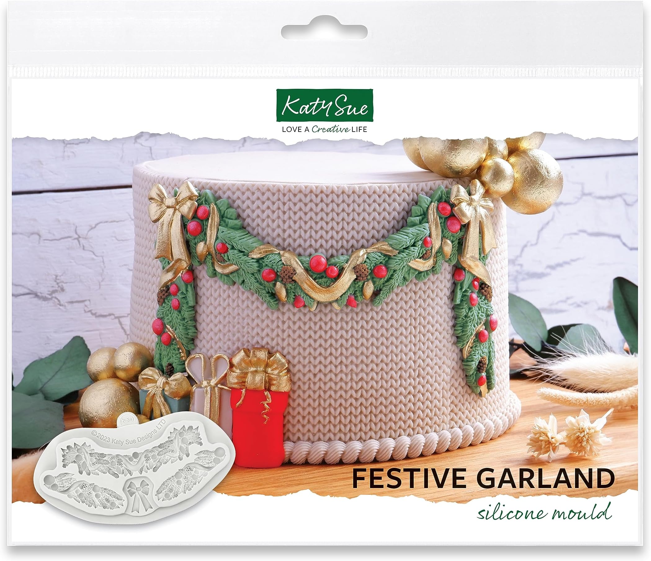 Katy SueFestive Garland Silicone Mould for Christmas Cake Decorating & Craft. Makes a Christmas Garland 4 Inch Wide x 3 Inch Drop & a Bow for Fondant, Sugar Paste, Air Dry & Polymer Clay, UK-Made