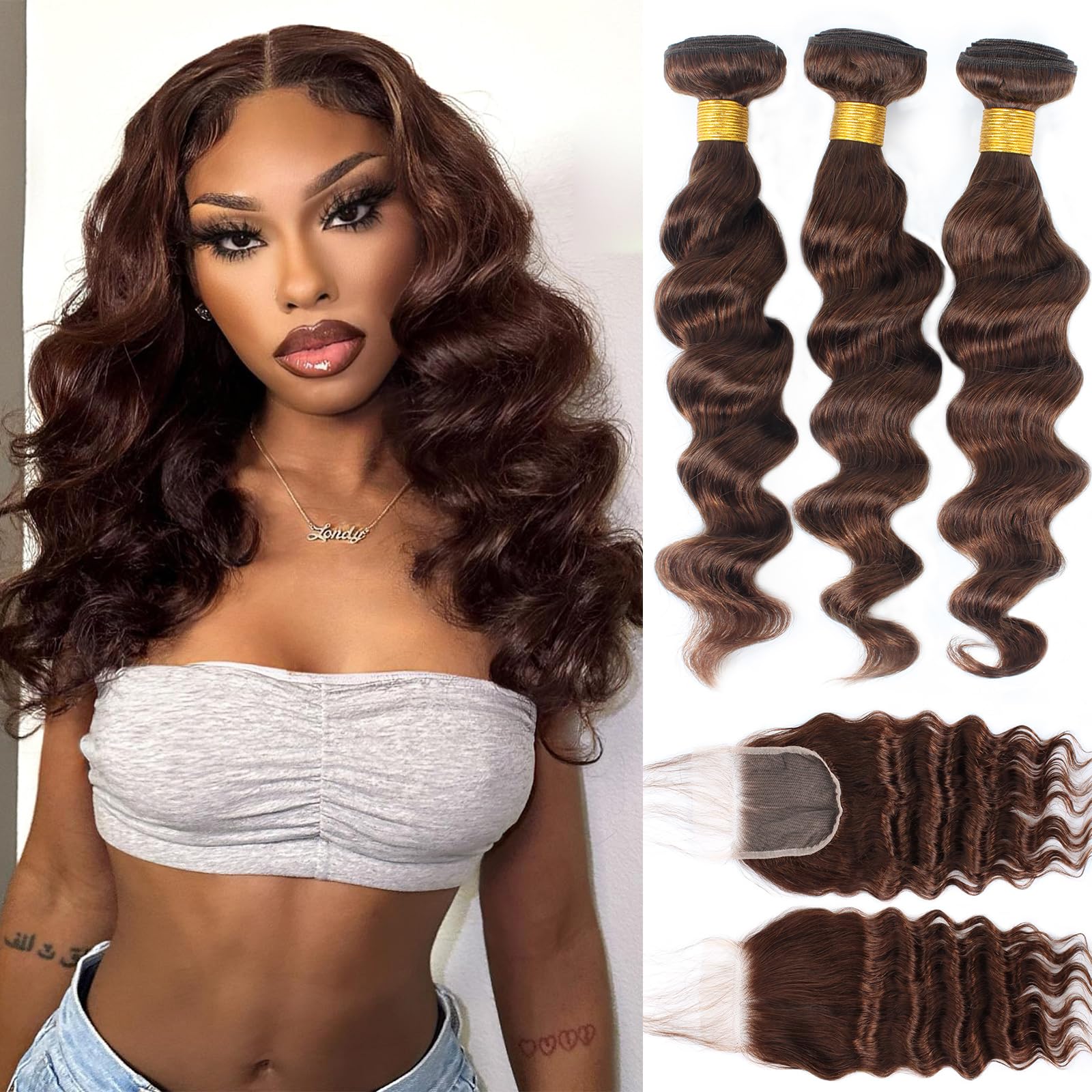 Brown Bundles with Closure Human Hair Loose Wave Human Hair Bundles with Closure (16 18 20+14）12A Brazilian Virgin Hair Light Brown Loose Deep Wave 3