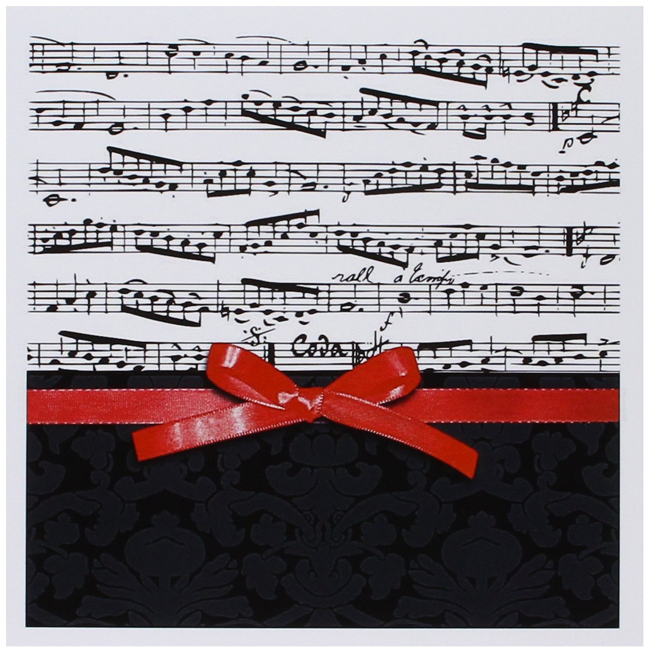 3dRose Musical Notes with 2D Red Ribbon Bow Graphic Piano Sheet Music Musician Gifts Greeting Cards, Black And White, Set of 6 (gc_120275_1)