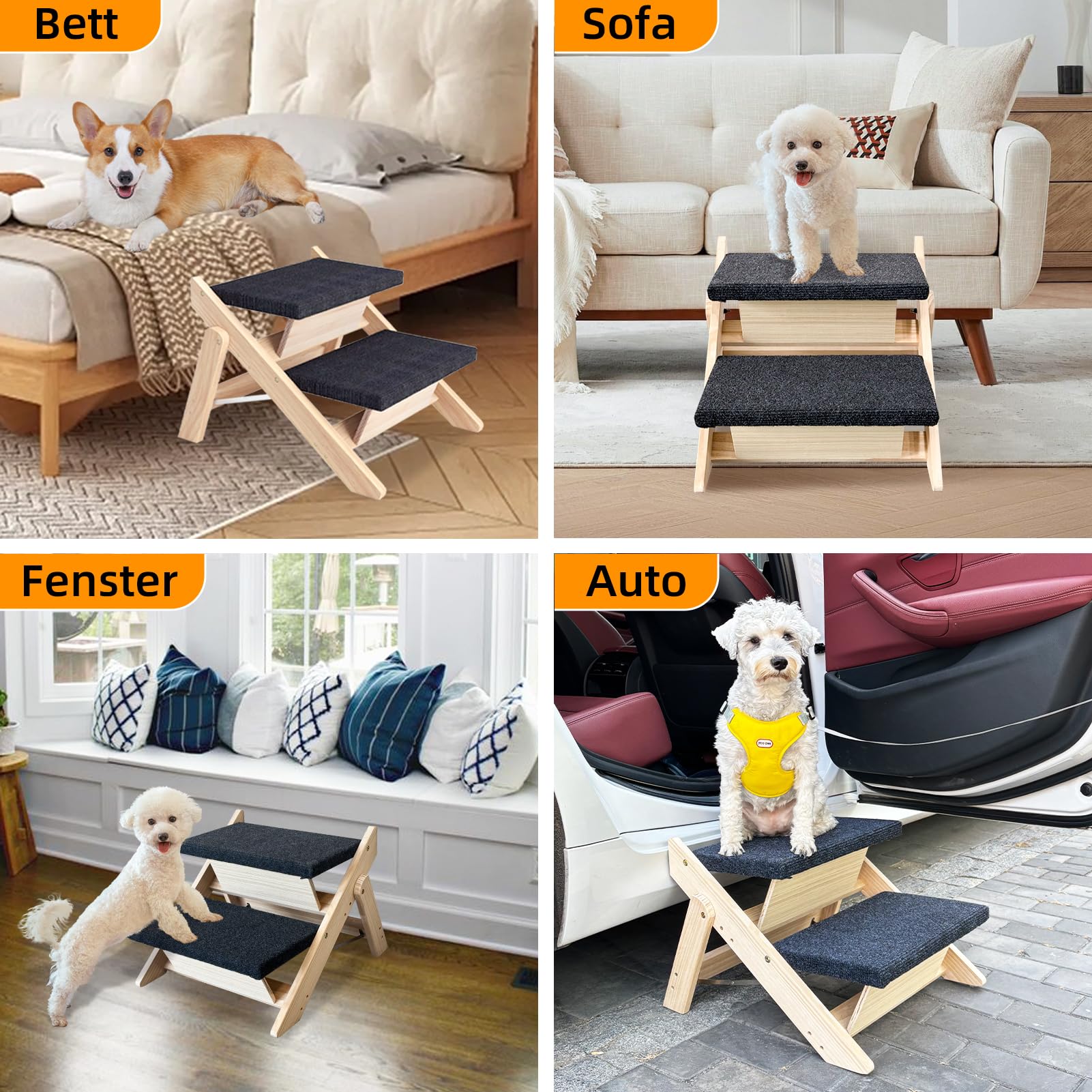 Hundetreppe für Kleine Hunde, 2-in-1 Faltbare Hundetreppe/Rampe aus Holz für Betten, Sofas und Autos, Haustiertreppe und Rampe 33cm Hoch, leicht zu bewegen katzentreppe, bis zu 80 KG