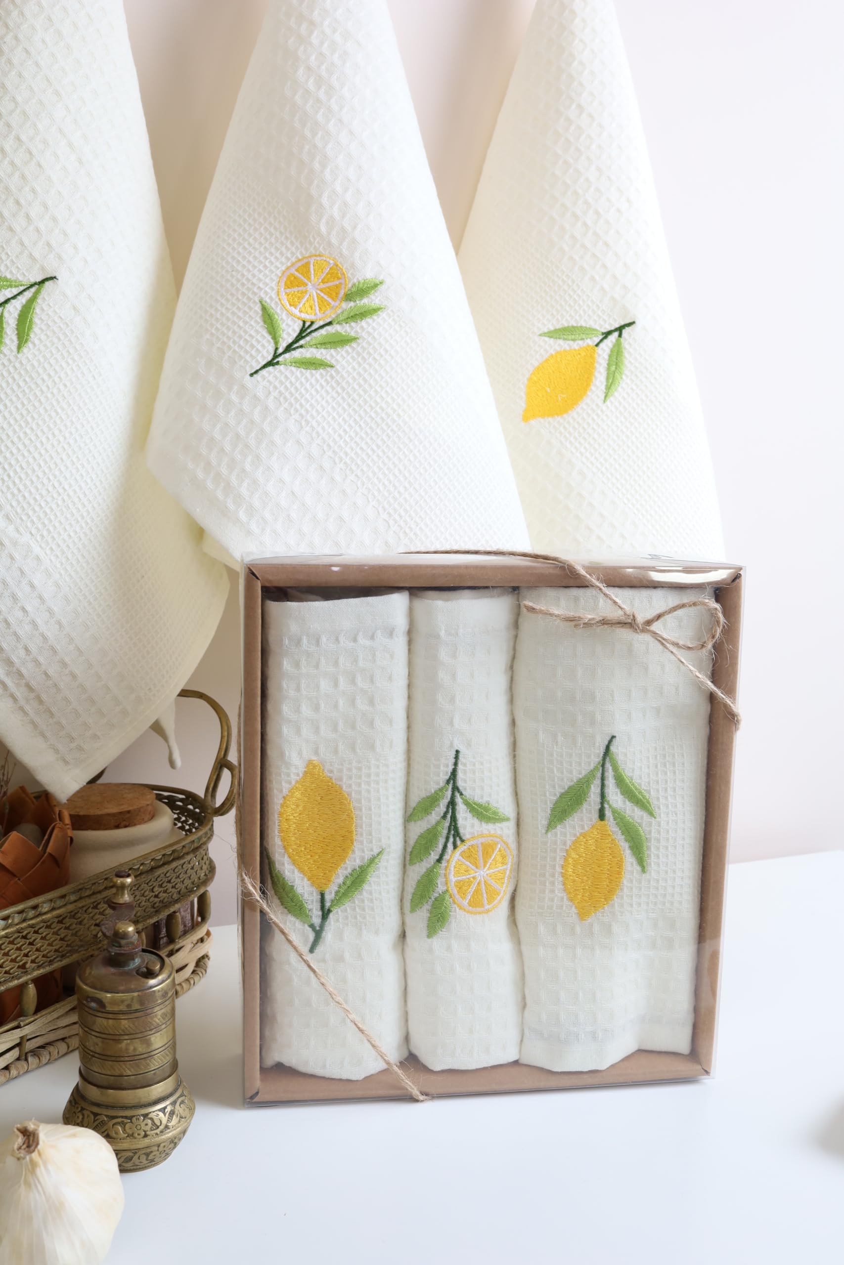 Torchons de cuisine 100 % coton motif citron brodé essuie-tout lavable