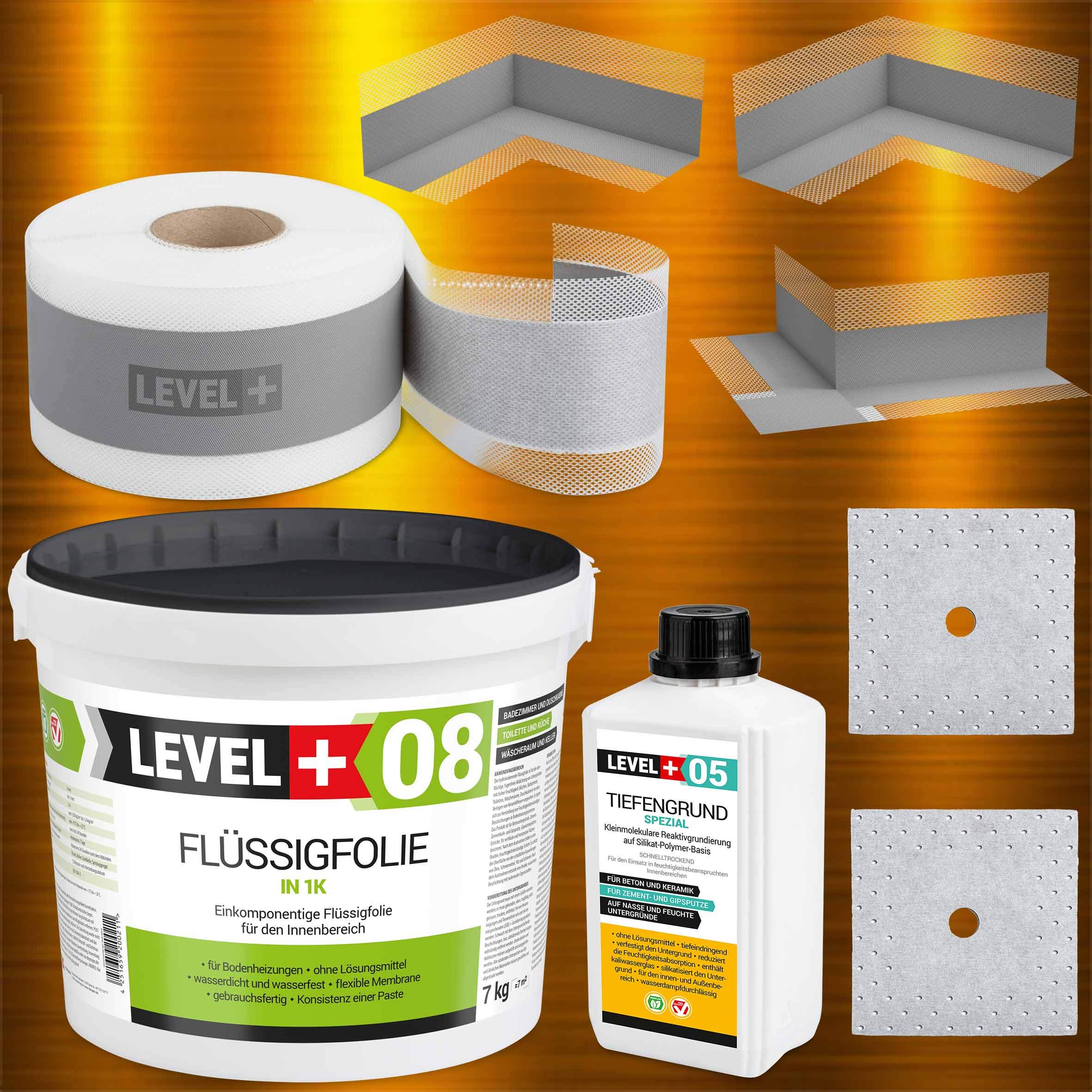 Dichtset Bandset Bad Dusche 7 Kg Flüssigfolie, 1L Tiefengrund, 5m Dichtband, 2 Innenecken, 1 Außenecke, 2 Wandmanschetten SET100