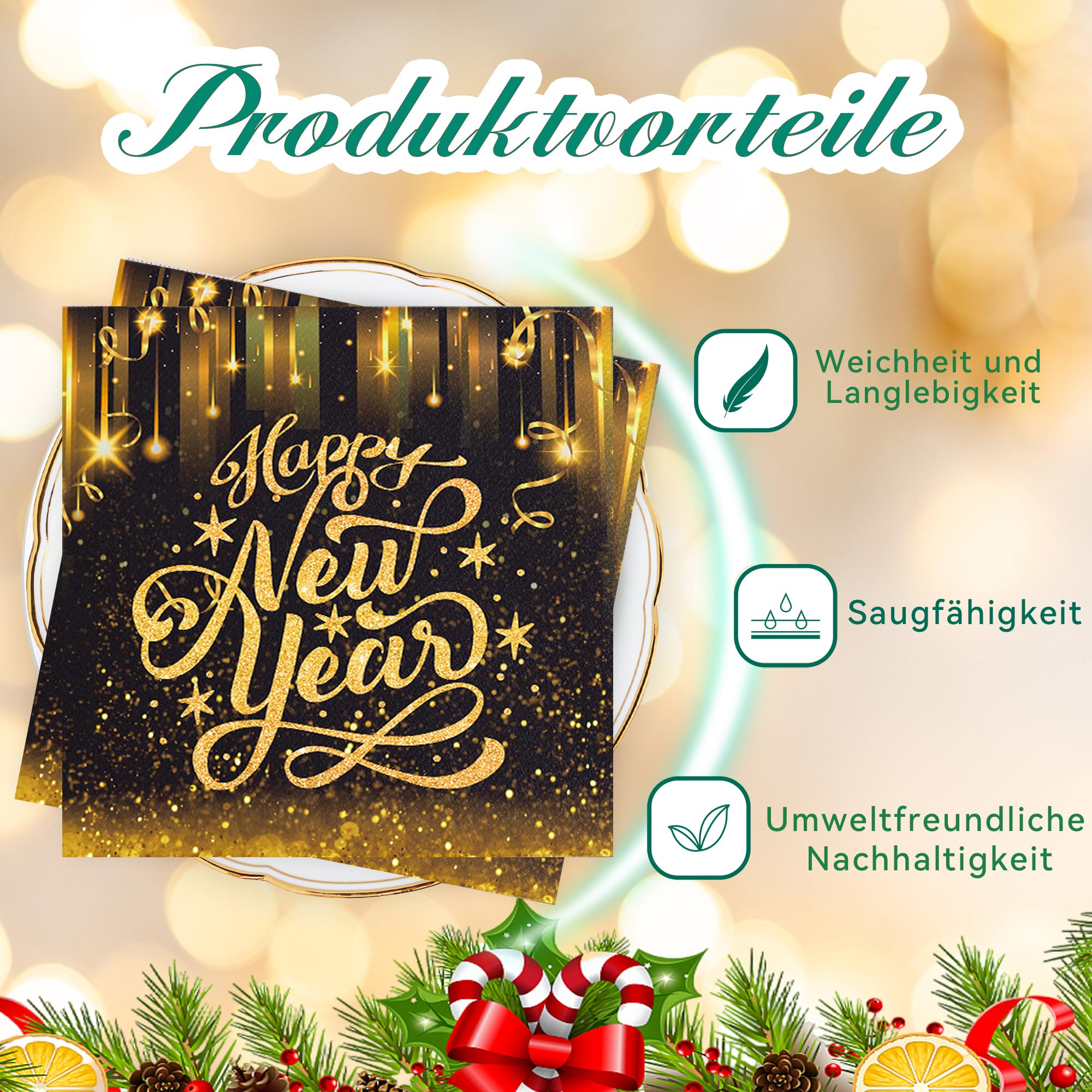Papieren servetten Happy New Years-zwarte servetten met goudmetallic Happy New Year opschrift, zwart/goud, oudejaarsavond, nieuwjaar, feestdecoratie, 100 stuks, afmetingen 33 x 33 cm