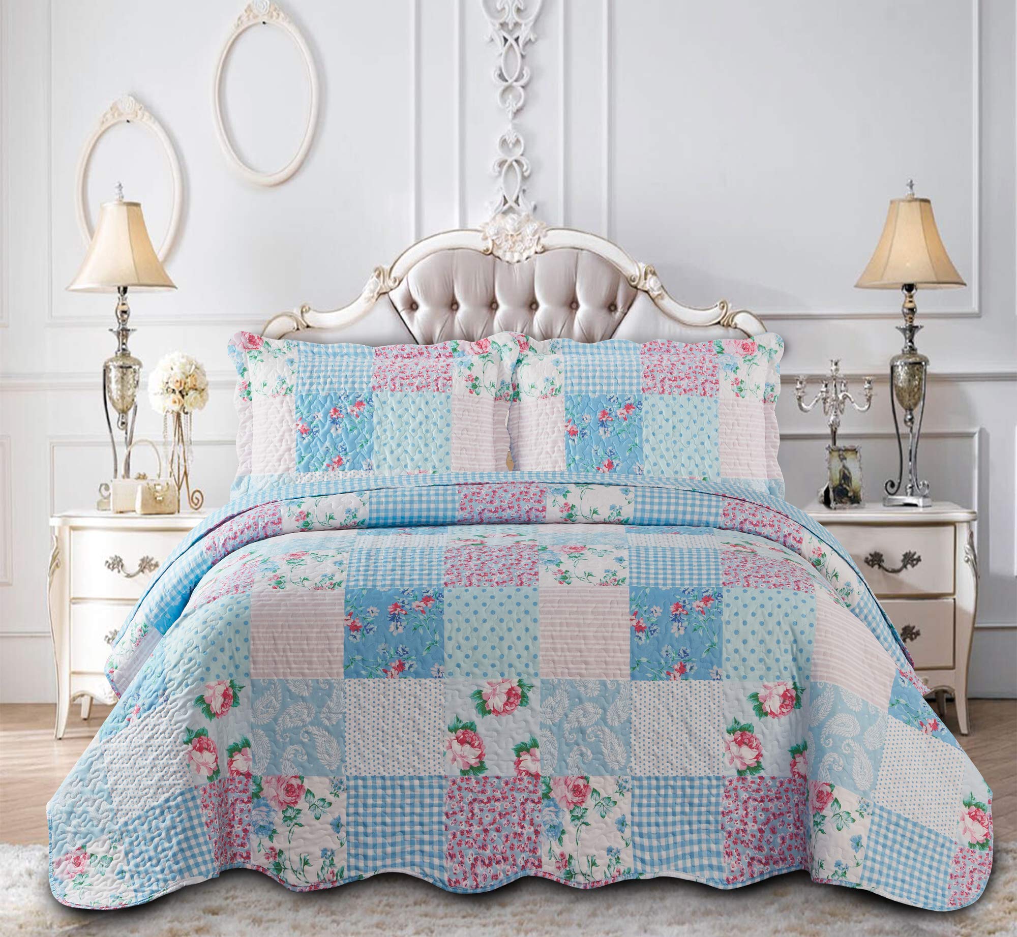 3-Piece Printed Patchwork Quilted Bedspread Set Floral Blue Super King 275 x 250 cm - Hotel Quality Hypoallergenic Soft Microfiber Bed Throw for Bedroom Bedding with 2 Pillow Shams