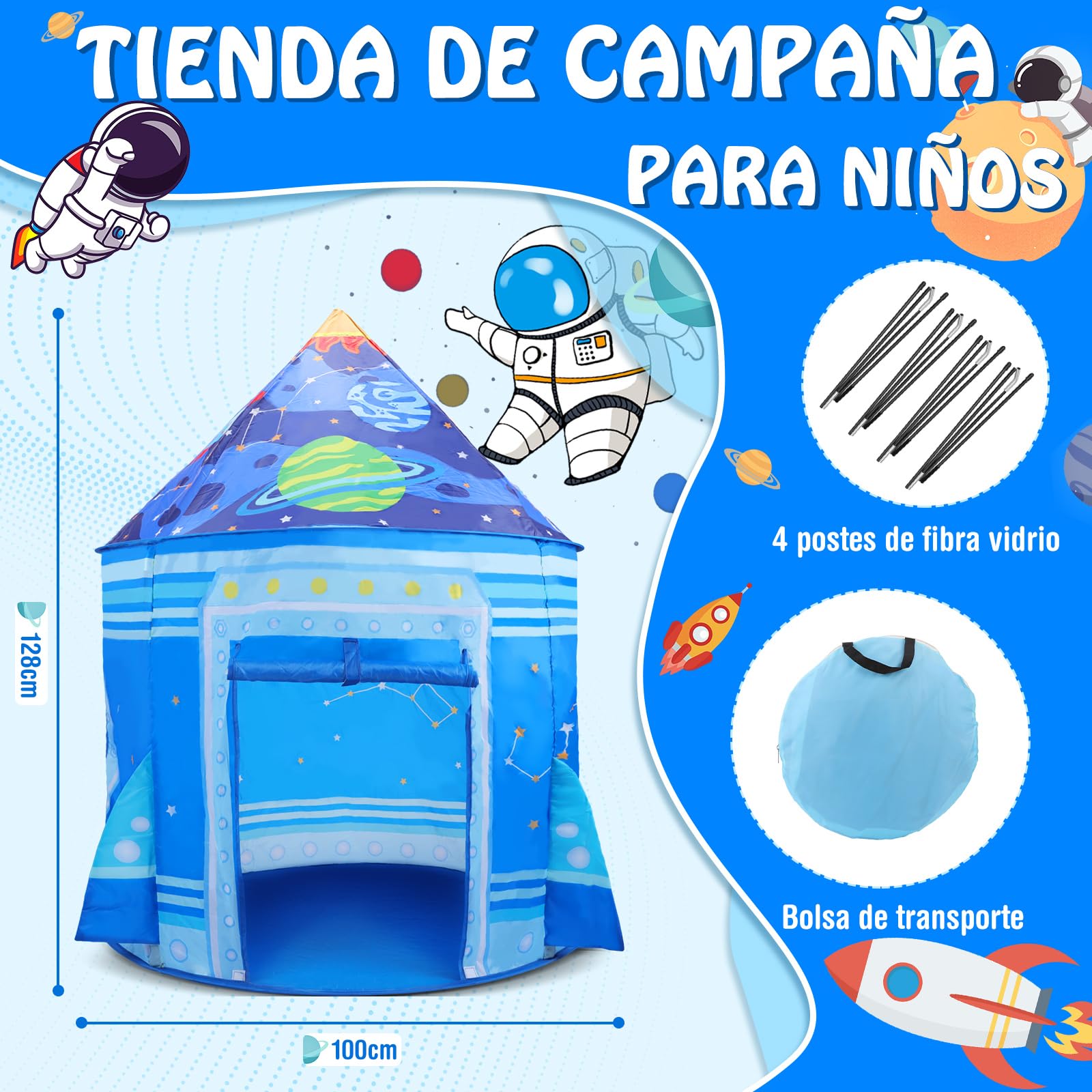 Opret Tienda Campaña Infantil, Carpa Infantil Plegable, Castillo Espacial Plegable, Regalo para Niños con Bolsa de Transporte para Interior y Exterior Adecuado Niños de 1 a 12 Años