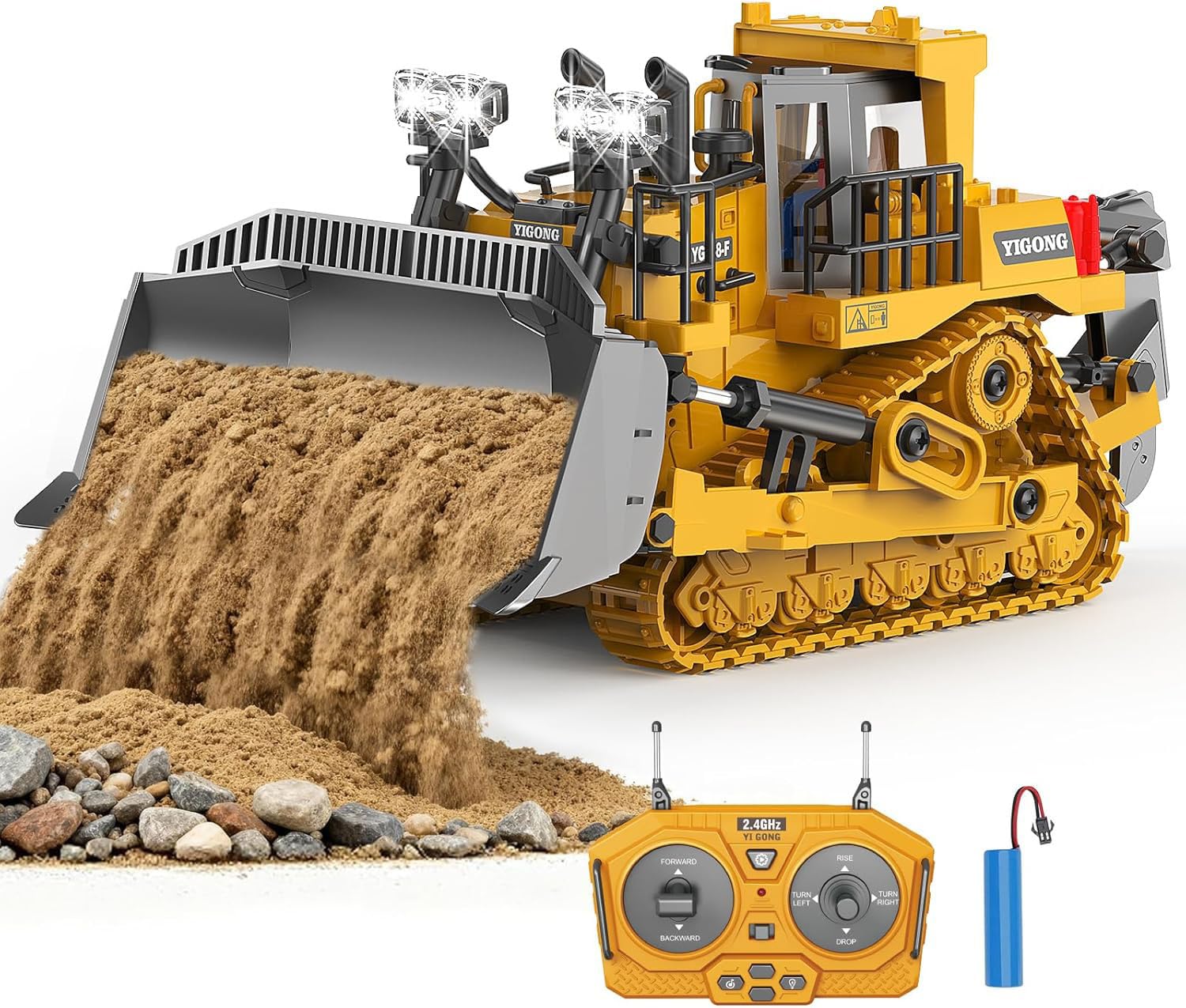 Magicwand 1:18 Scale Die-Cast 9 Channel Multi-Directional Bulldozer with Working Headlights Lights & Sound for Kids【Mustard】【Pack of 1】