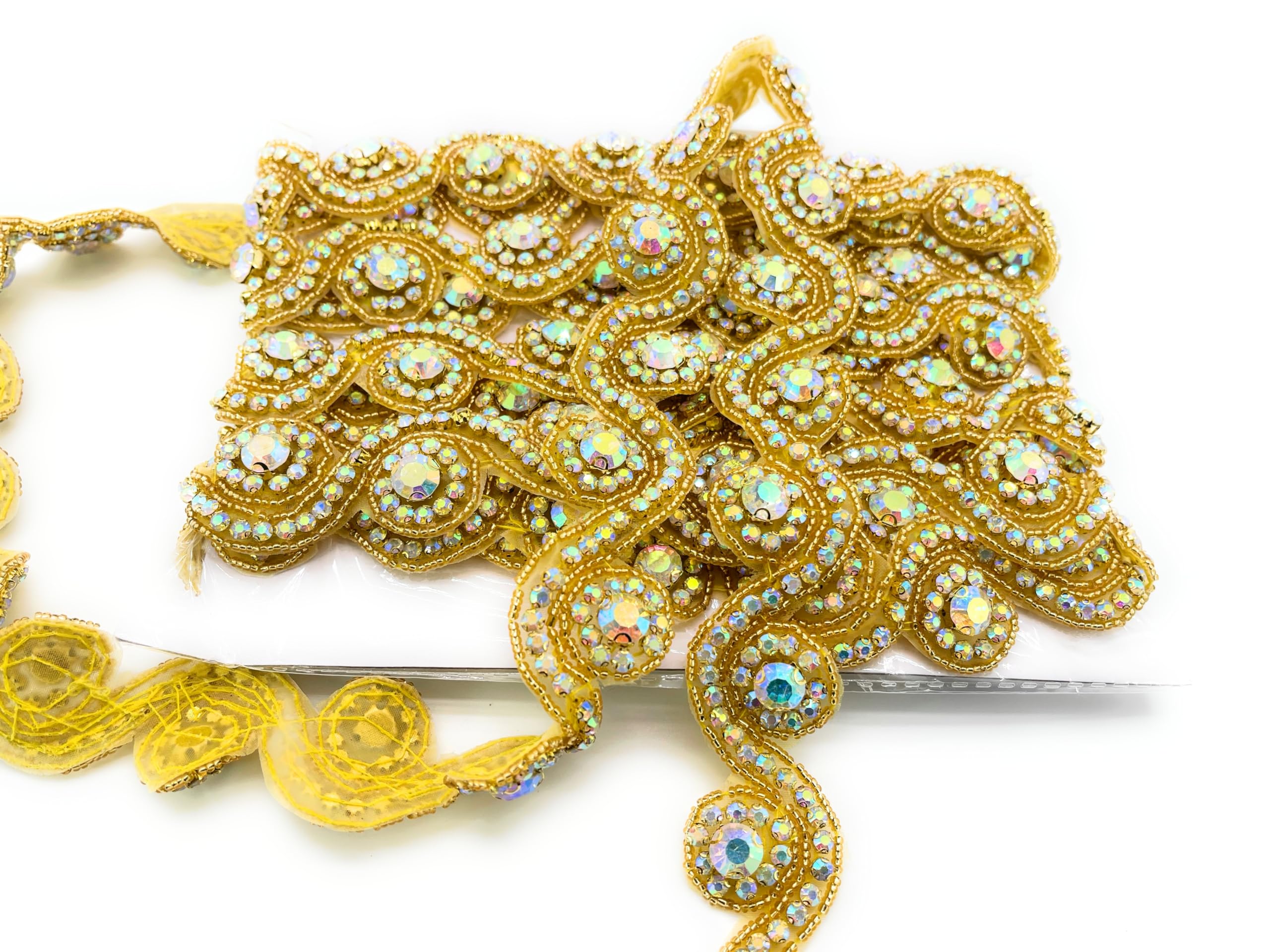 MNJ TRIMMINGS Diamante Iron on Rhinestone sew on Trim for Dance Costume and Wedding Bridal Dresses (Gold Ab)