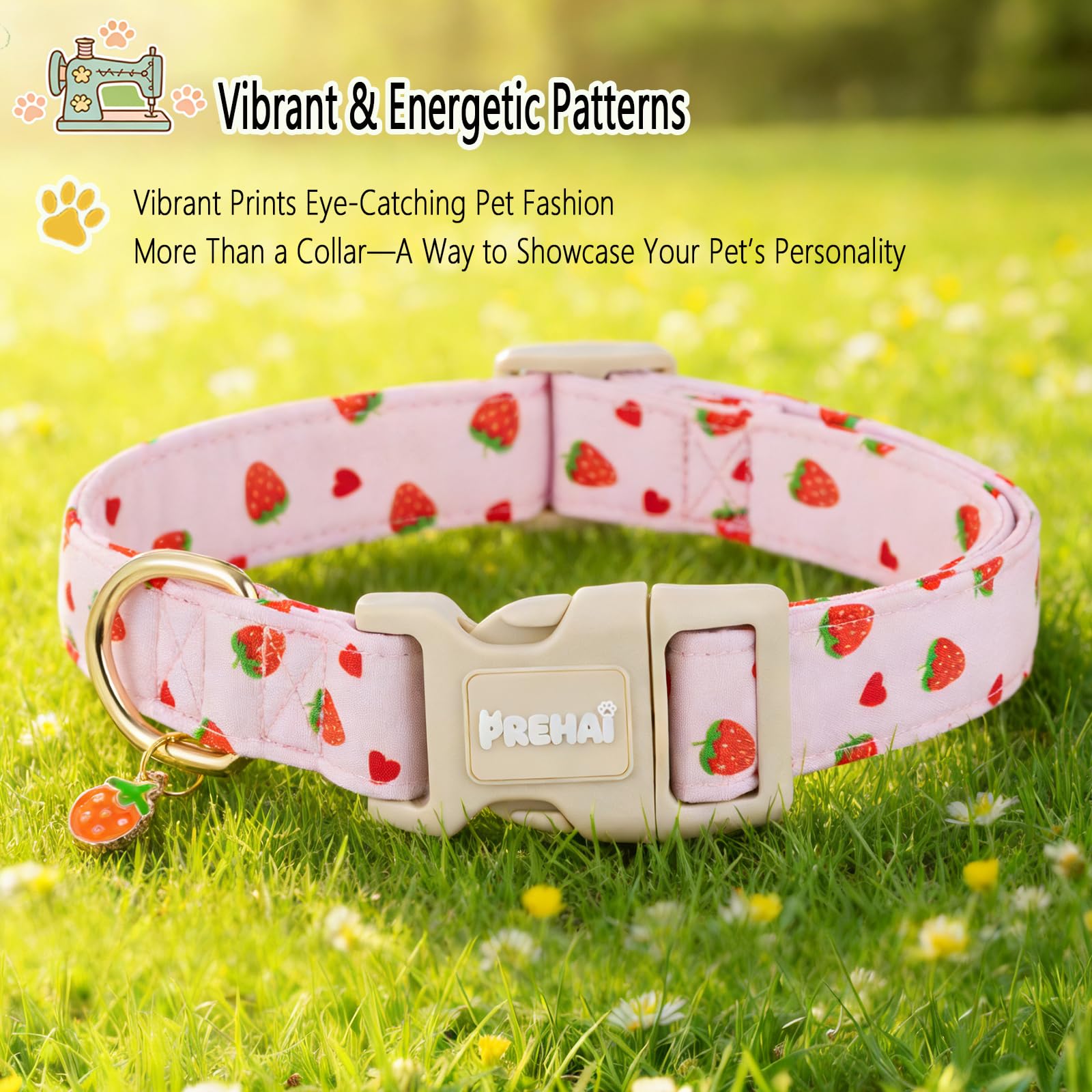 PREHAI Pink Strawberry Dog Collar Sweet Spring Summer Collars with Cute Strawberries Pattern for Female Girl Small Medium Large Dogs S - 5