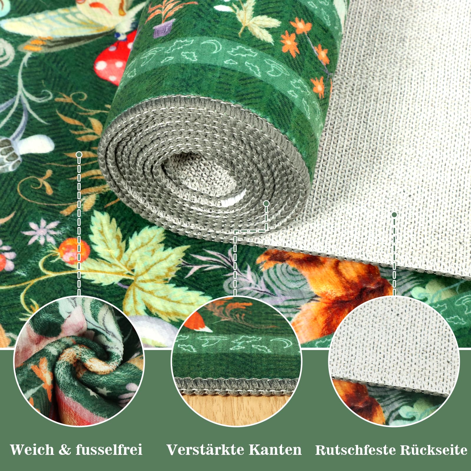 Teppich Wohnzimmer 120x180 cm, Märchenpilz Kurzflor Teppich Schlafzimmer, Waschbar Küchenteppich, Weich rutschfest Teppiche Kinderzimmer für Küche Esszimmer Gastzimmer Büro Grün