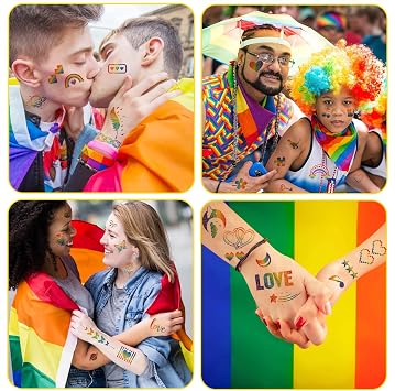 Qpout 67pcs Glitter Rainbow Temporary Tattoos,Butterfly Flower Heart Rainbow Flag Body Art Sticker,10 Sheets Shiny Face Tattoos for Birthday Party Pride Equality Parades Celebrations