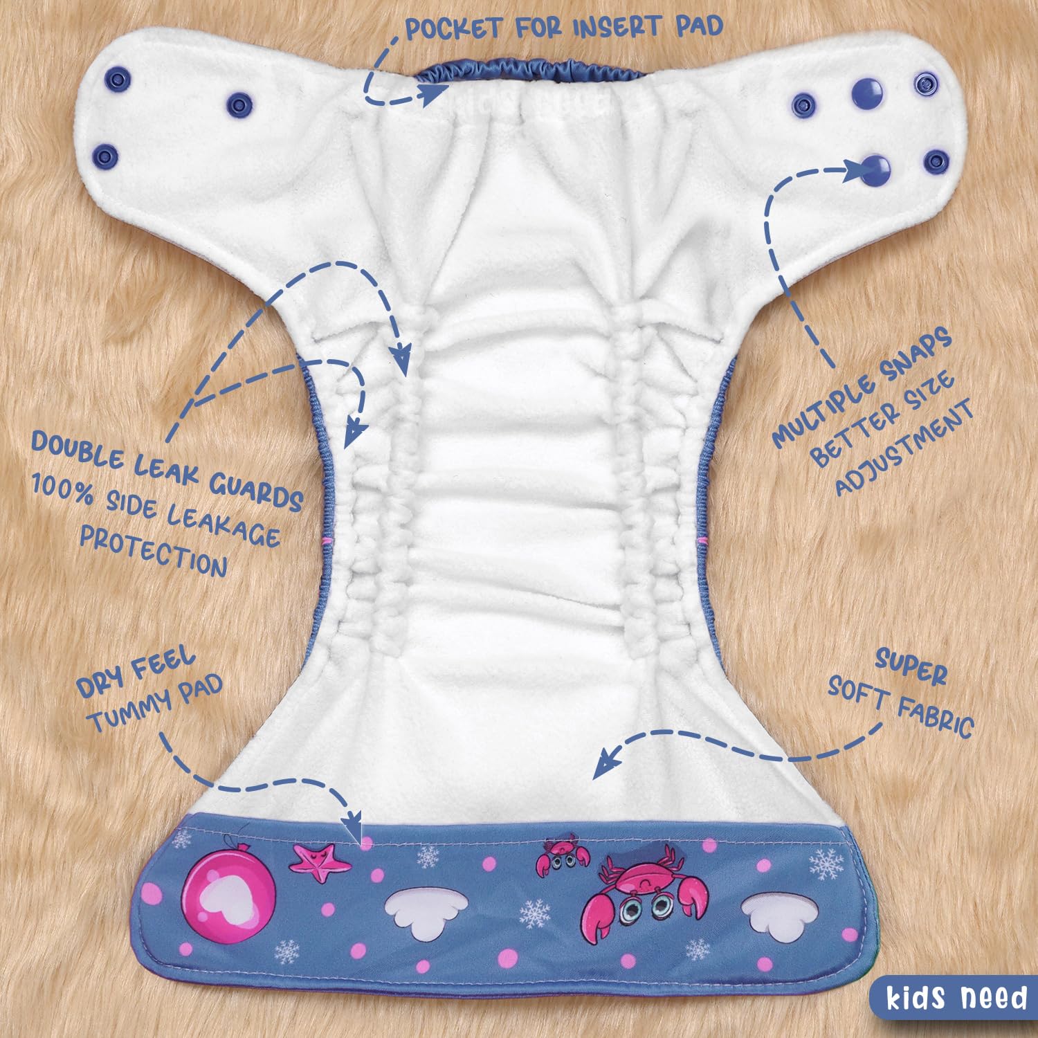 Kids Need Leakage Proof cloth diaper for babies 0 to 3 years High Absorbent 1 Reusable diaper cover 1 Insert pad combo Pack 5-18Kg Adjustable free size Washable Pocket cloth diapers for babies W5