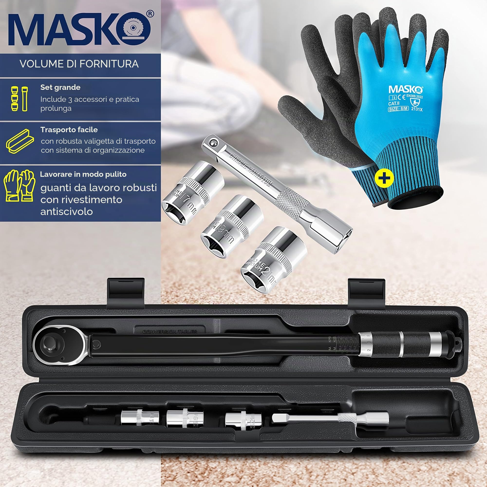 Masko® Chiave dinamometrica 6 pz. Set 40-210Nm 1/2 ' CV con 3 attacchi da 17 mm, 19 mm, 21 mm e prolunga da 125 mm con custodia +/- 4% di tolleranza chiave per pneumatici chiave dinamometrica