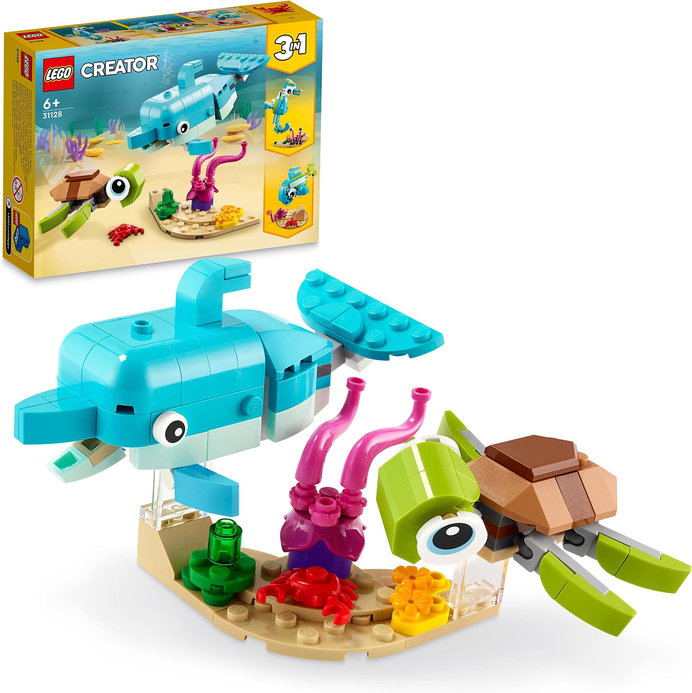 LEGOCreator 3in1 Dolphin and Turtle 31128 Building Kit; Features a Baby Dolphin and Baby Sea Turtle; Creative Gift for Kids Aged 6+ Who Love Imaginative Play (137 Pieces)