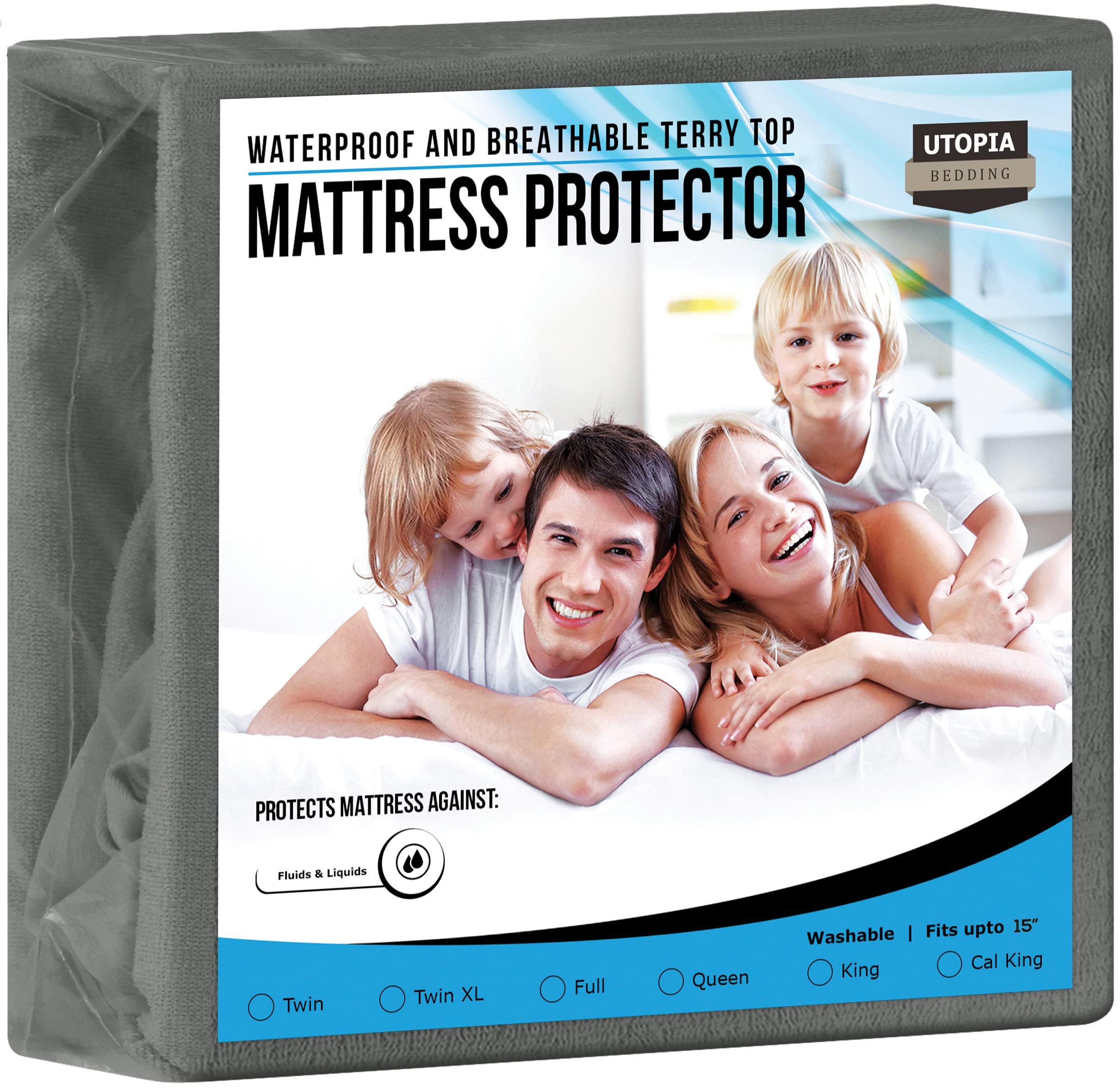 Utopia Bedding Premium Waterproof Terry Mattress Protector Twin 200 GSM, Mattress Cover, Breathable, Fitted Style with Stretchable Pockets (Grey)