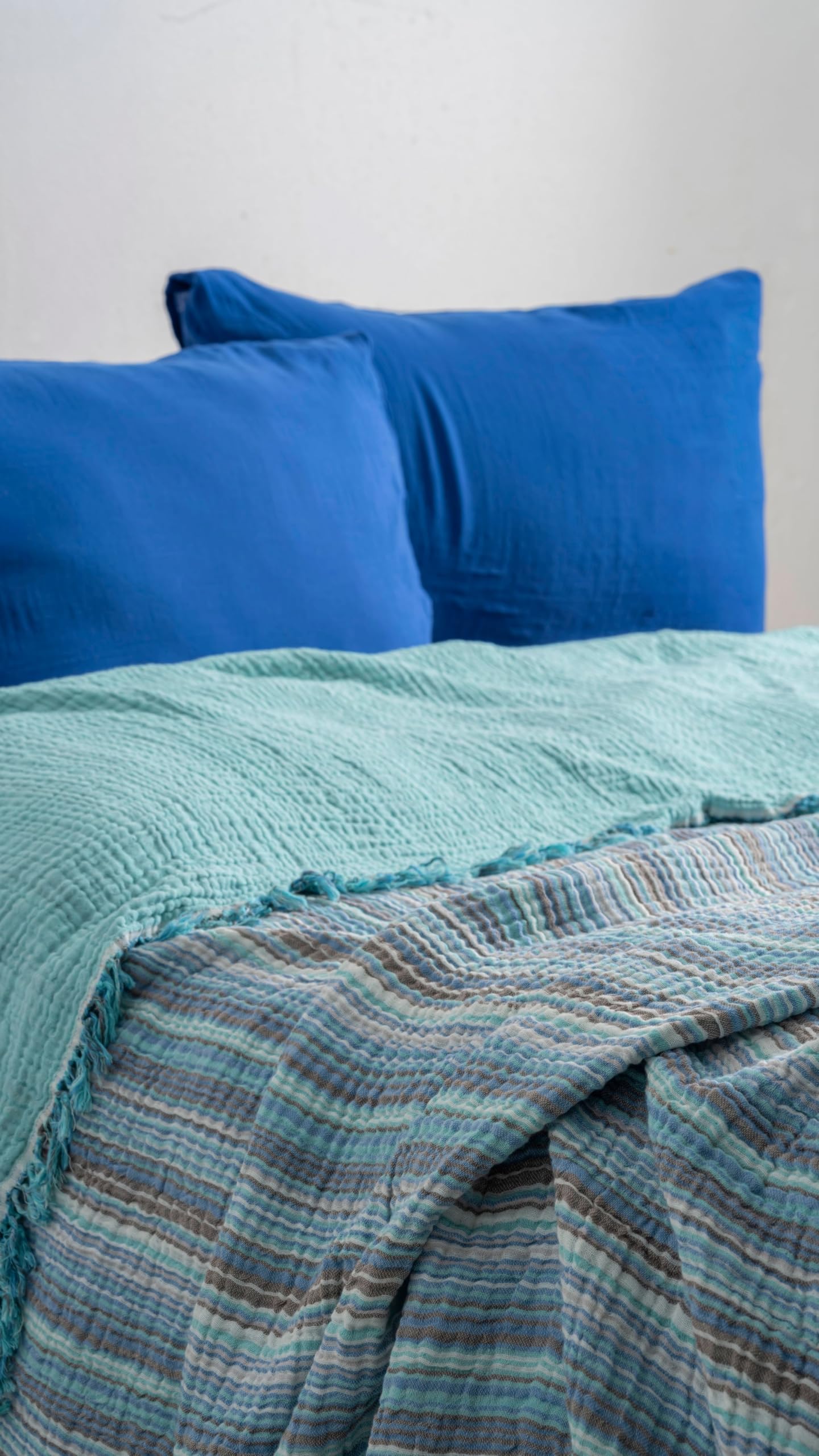 RAYME TEKSTIL Boho Çizgili Yatak Örtüsü 4 Katlı Müslin%100 Pamuk Yumuşak Lüks Yazlık Pike Çift Kişilik Battal Boy 240x260 cm (Mavi)