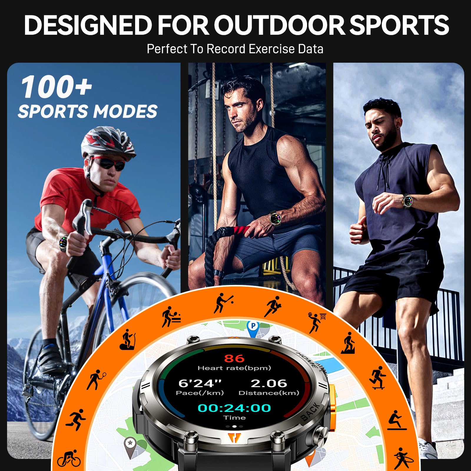 Foxhawk Smart Watch militare con localizzatore GPS, 1,44 pollici HD robusto Smart Watch con torcia a LED bussola, 3ATM impermeabile Smartwatch tattico per iOS Android, orologio fitness da uomo