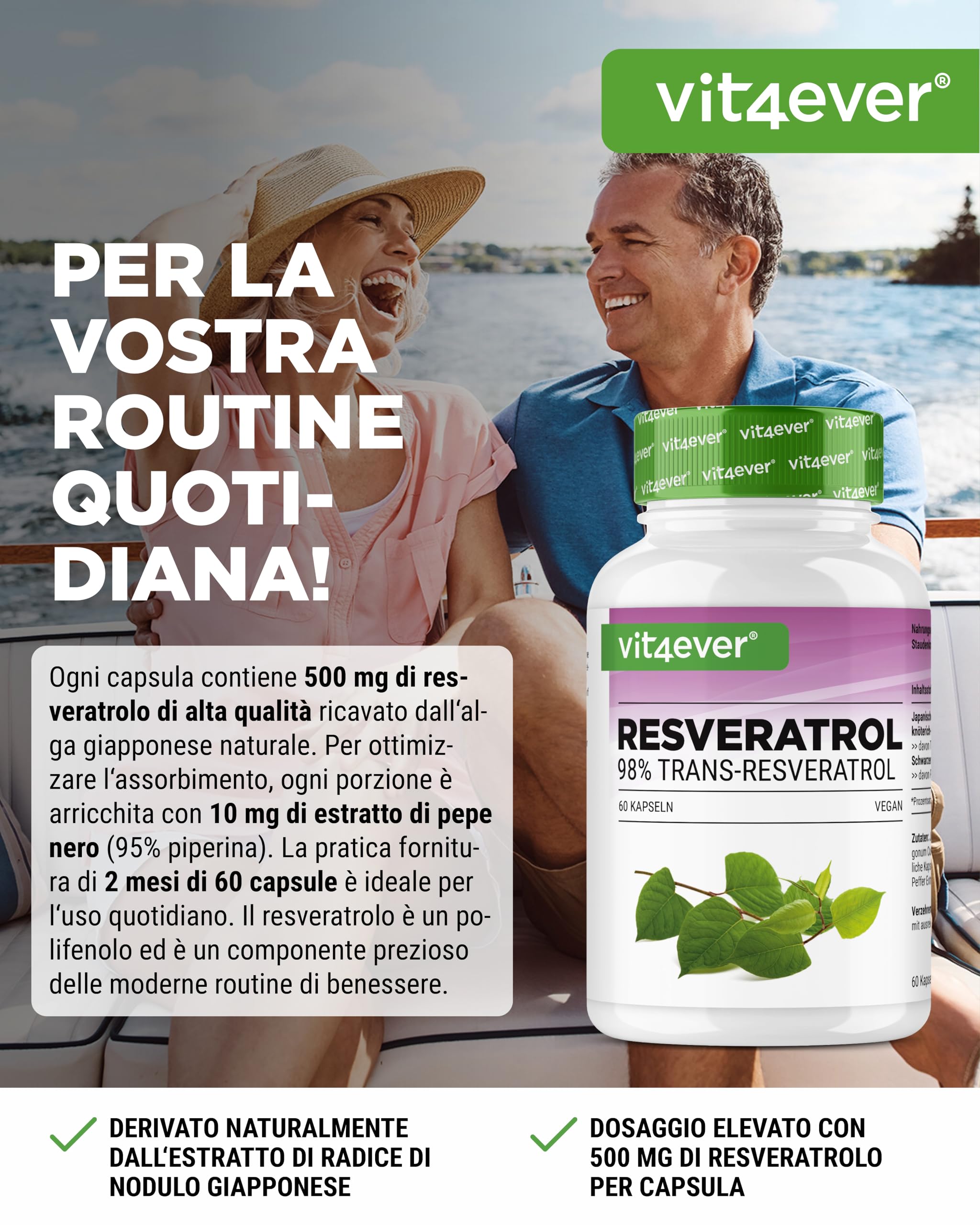 Resveratrolo - 520 mg per capsula - 98% trans-resveratrolo da estratto di radice di nodo giapponese 100:1 + piperina per una biodisponibilità ottimizzata - 60 capsule - ad alto dosaggio - vegano