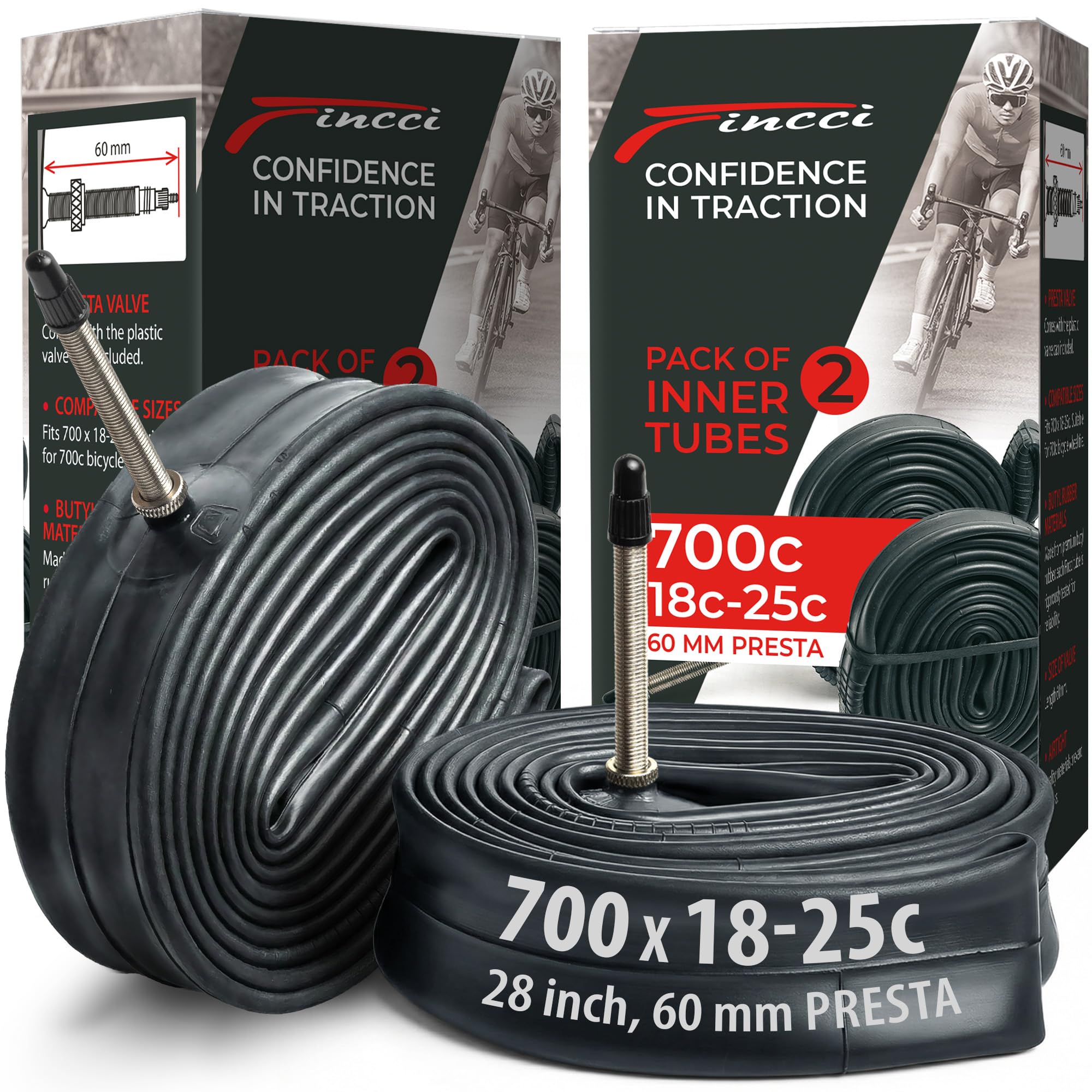 Inner Tubes 700c x 18c x 23c x 25c - Pair Bike Tubes 28 inch with 60 mm Presta Bicycle Valve - Inner Tube for City, Gravel, Race, Road, Touring Bicycle - Pack of 2x 622 Bike Accessories